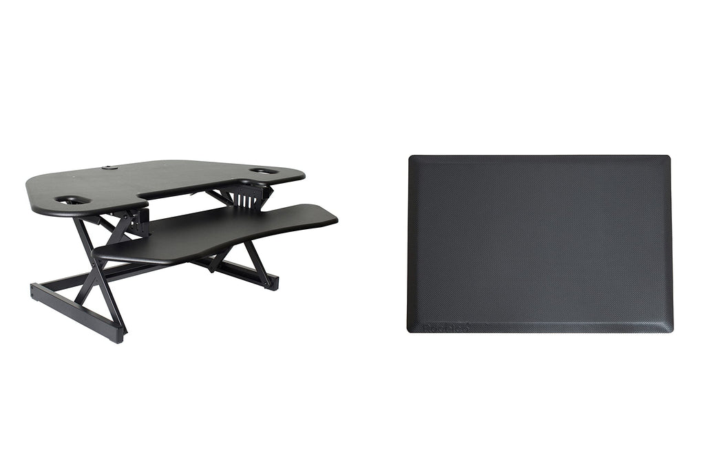Rocelco 46" Height Adjustable Corner Standing Desk Converter with AC Outlet USB Charger and Anti-Fatigue Floor Mat - Sit Stand Up Tabletop Riser - Keyboard Tray - Black (R CADRB-46-ACUSB-MAFM)