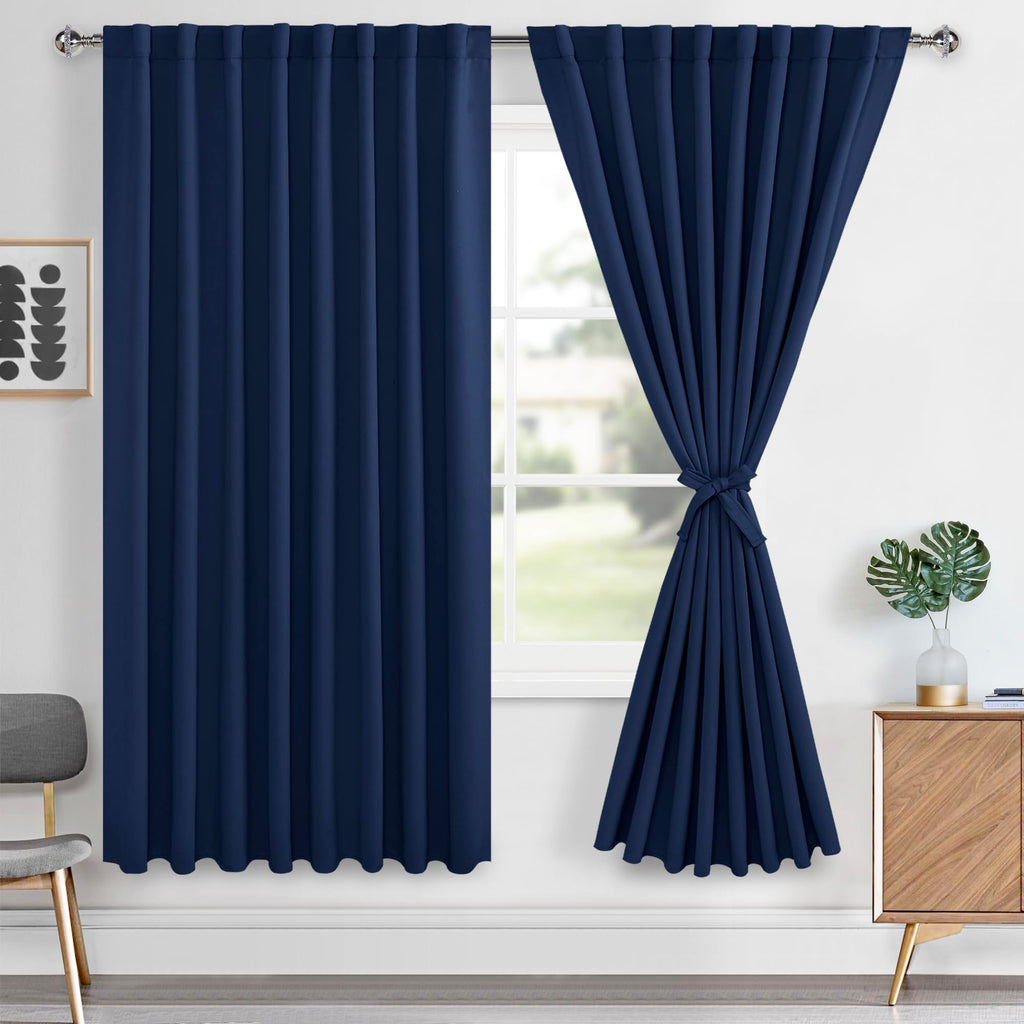 Hiasan Navy Blue Curtains 63 inch Long Sewn with Tiebacks, Rod Pocket & Back Tab Blackout Thermal Insulated Nursery Drapes, Room