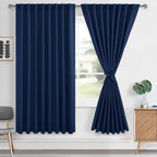 Hiasan Navy Blue Curtains 63 inch Long Sewn with Tiebacks, Rod Pocket & Back Tab Blackout Thermal Insulated Nursery Drapes, Room