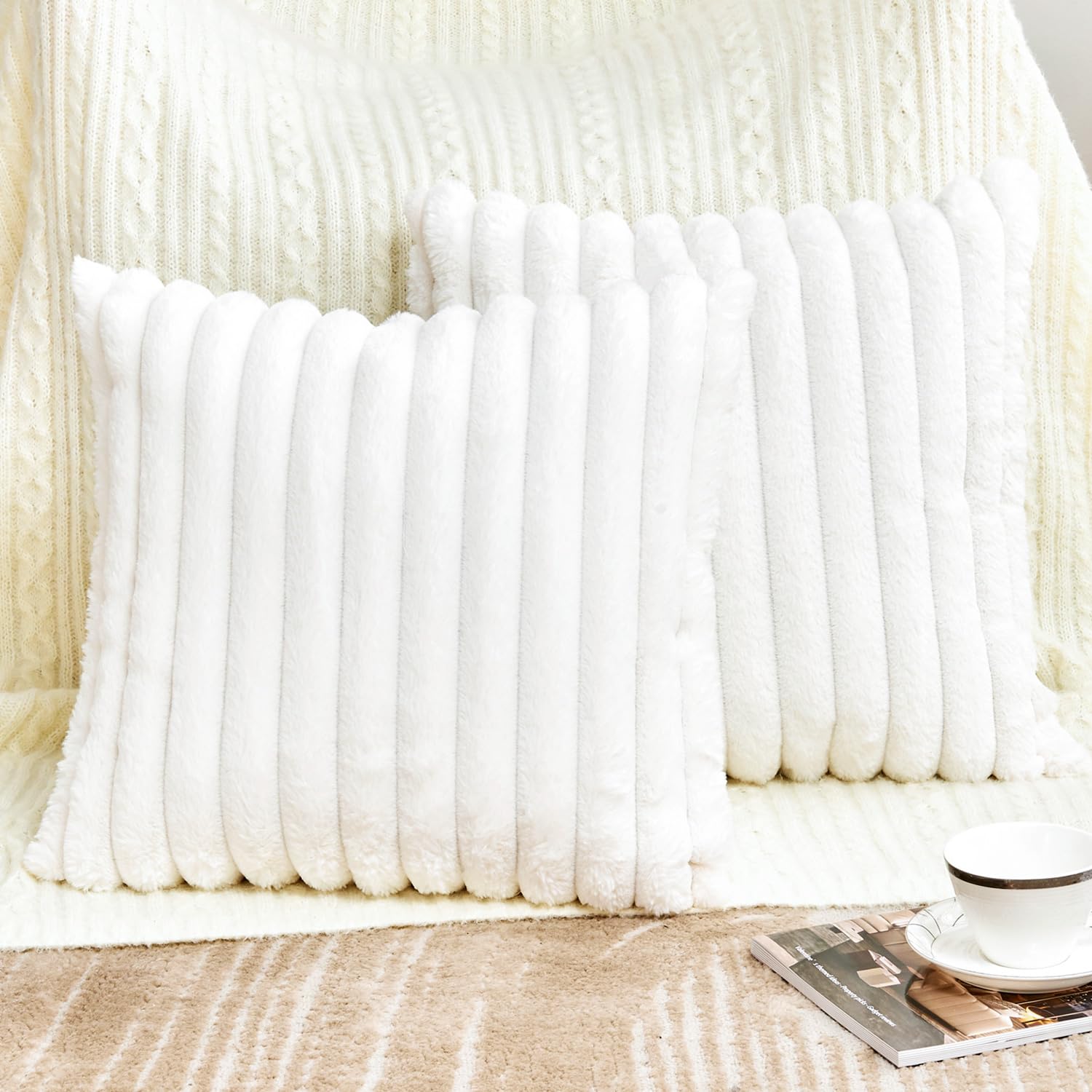 Grineed Throw Pillow Covers Decorative Faux Fur Set Of 2 18X18 Inch Pillow Covers, Soft Cream White Striped Pillowcases For Couc
