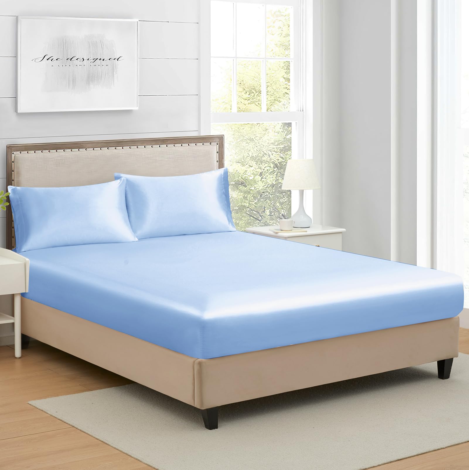 Queen Silk Satin Fitted Sheet, Soft Deep Pocket Single Bottom Bed Sheets Sold Separately, Wrinkle Free, Non- Fading, Breathable,