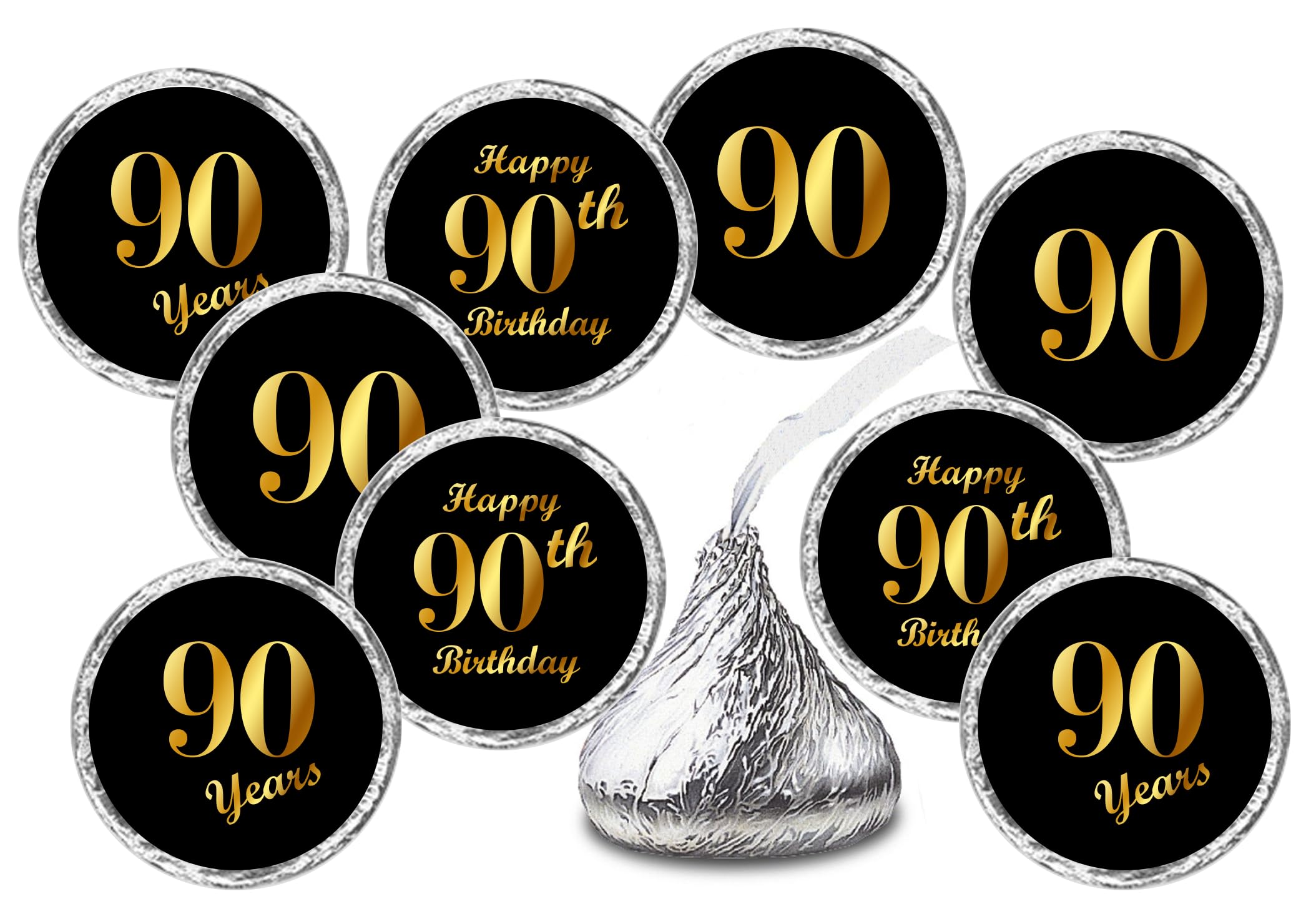 90Th Birthday Black Kisses Stickers, (Set Of 216) Chocolate Drops Labels Stickers For 90 Birthday, Party Favors Decor For Kisses