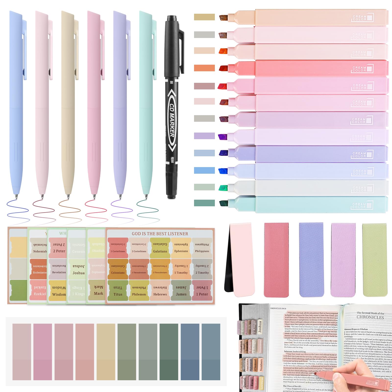 Dazspirit 31Pcs Bible Journaling Kit, 12 Bible Highlighters, 6 Smooth Writing Pens, 90 Bible Tabs, Magnetic Bookmarks, Sticky No