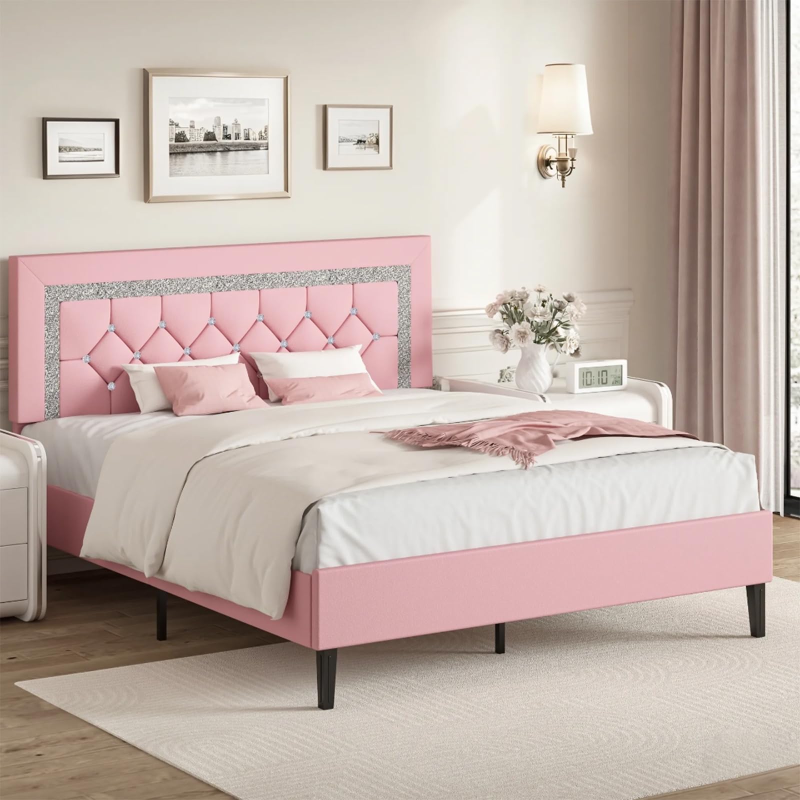 Queen Bed Frame With Tufted Button Headboard, Upholstered Platform Bed Frame With Diamond Design, Wood Slat Support, No Box Spri