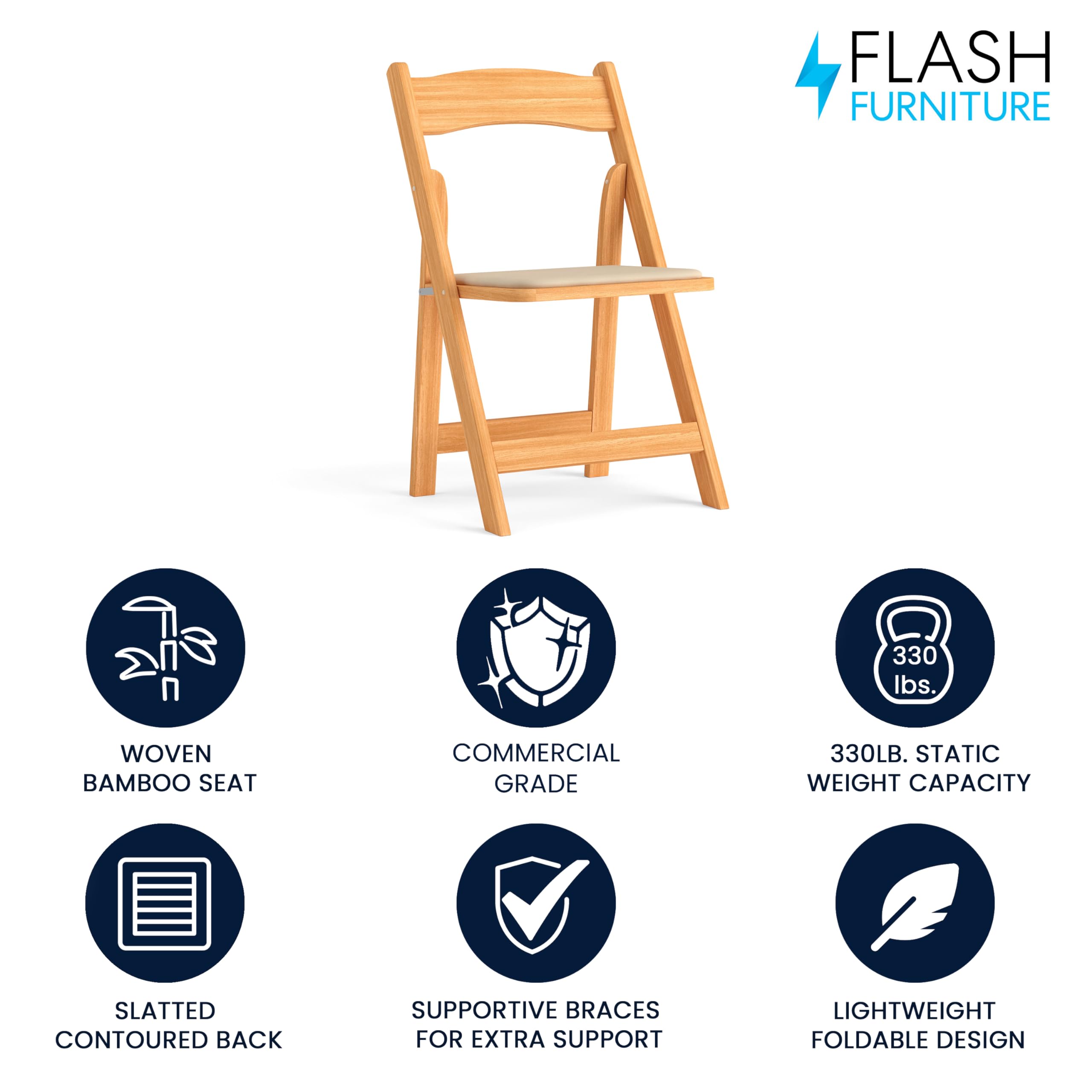 Flash Furniture HERCULES Series Natural Wood Folding Chair with Vinyl Padded Seat