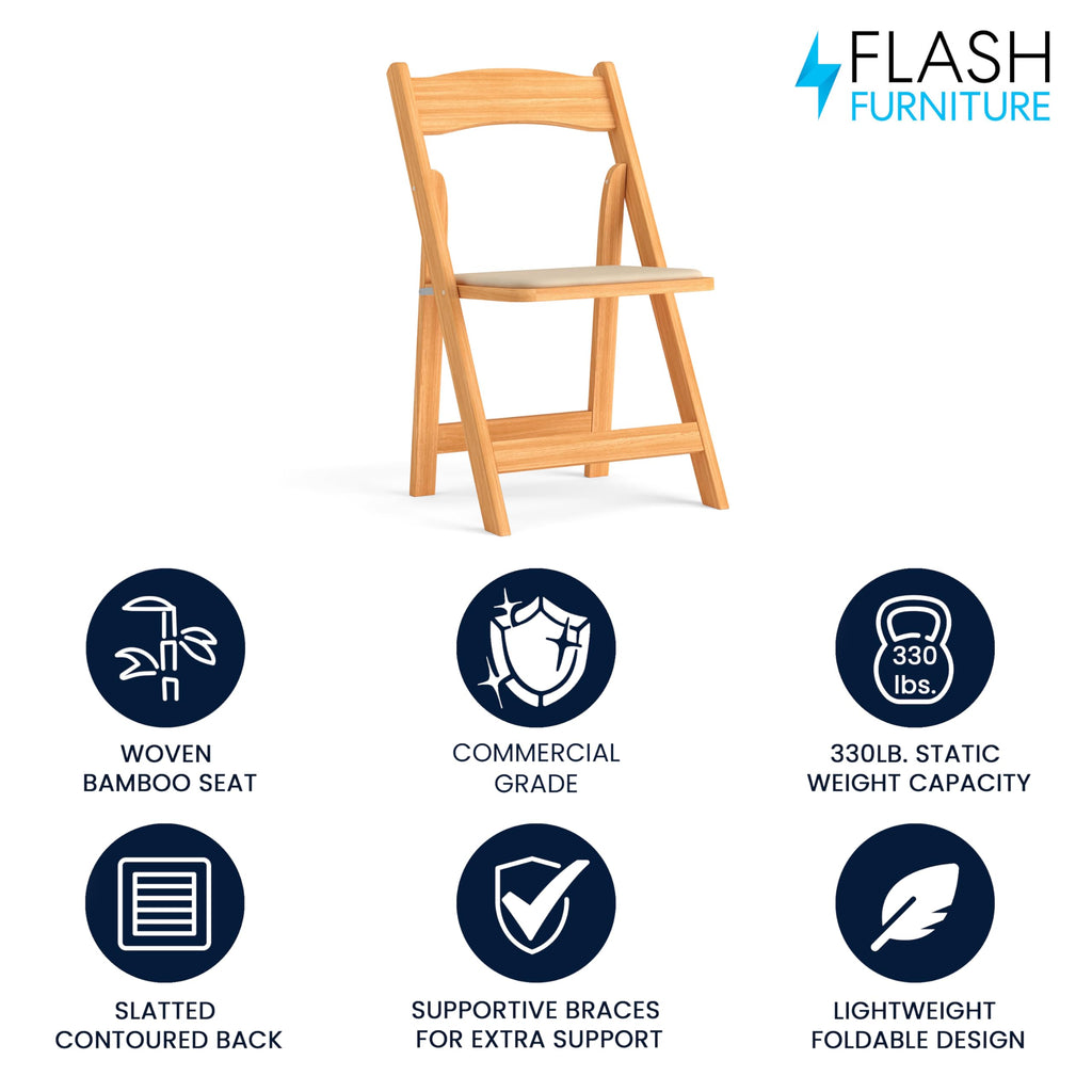 Flash Furniture HERCULES Series Natural Wood Folding Chair with Vinyl Padded Seat