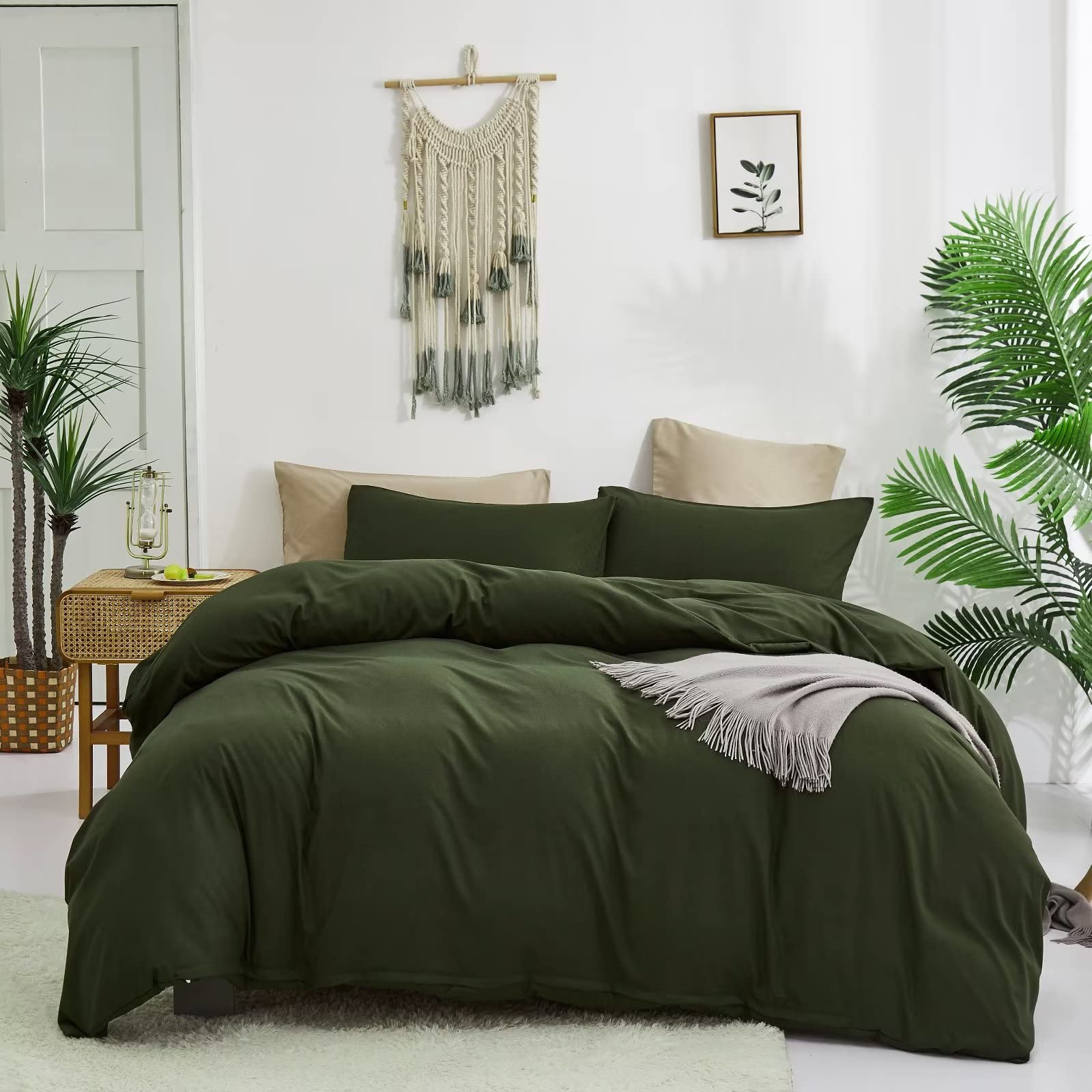 Houseri Olive Green Comforter Set Queen Army Green Bedding Queen Size Dark Green Comforter Sets for Men Women Teens Farmhouse Hu