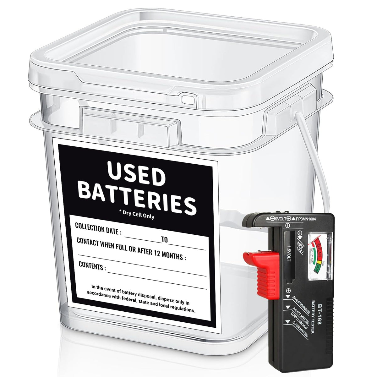 Battery Recycling Container with Battery Testers for Household Batteries, QHAND Used Battery Disposal Container with lid for Hom