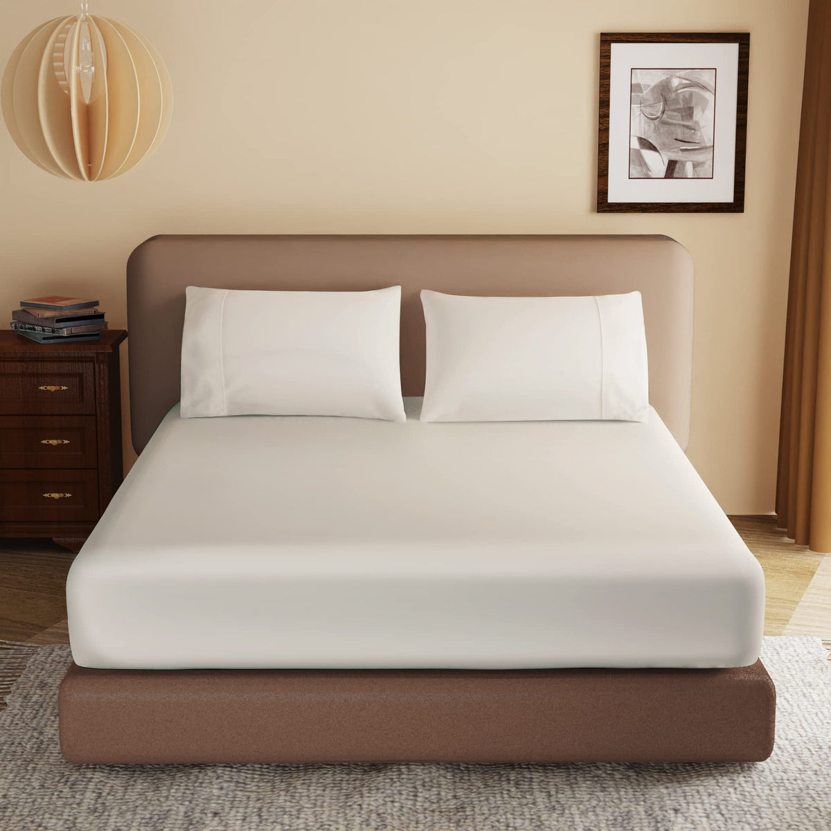 100% Egyptian Cotton Fitted Sheet Queen Size, 600 Thread Count 8-16'' Deep Pocket Sheet, Soft & Elastic Sateen Weave Bottom Shee