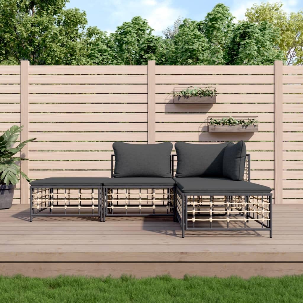 vidaXL 4-Piece Outdoor Patio Lounge Set - Anthracite Poly Rattan with Dark Gray Cushions for Garden, Terrace, Deck
