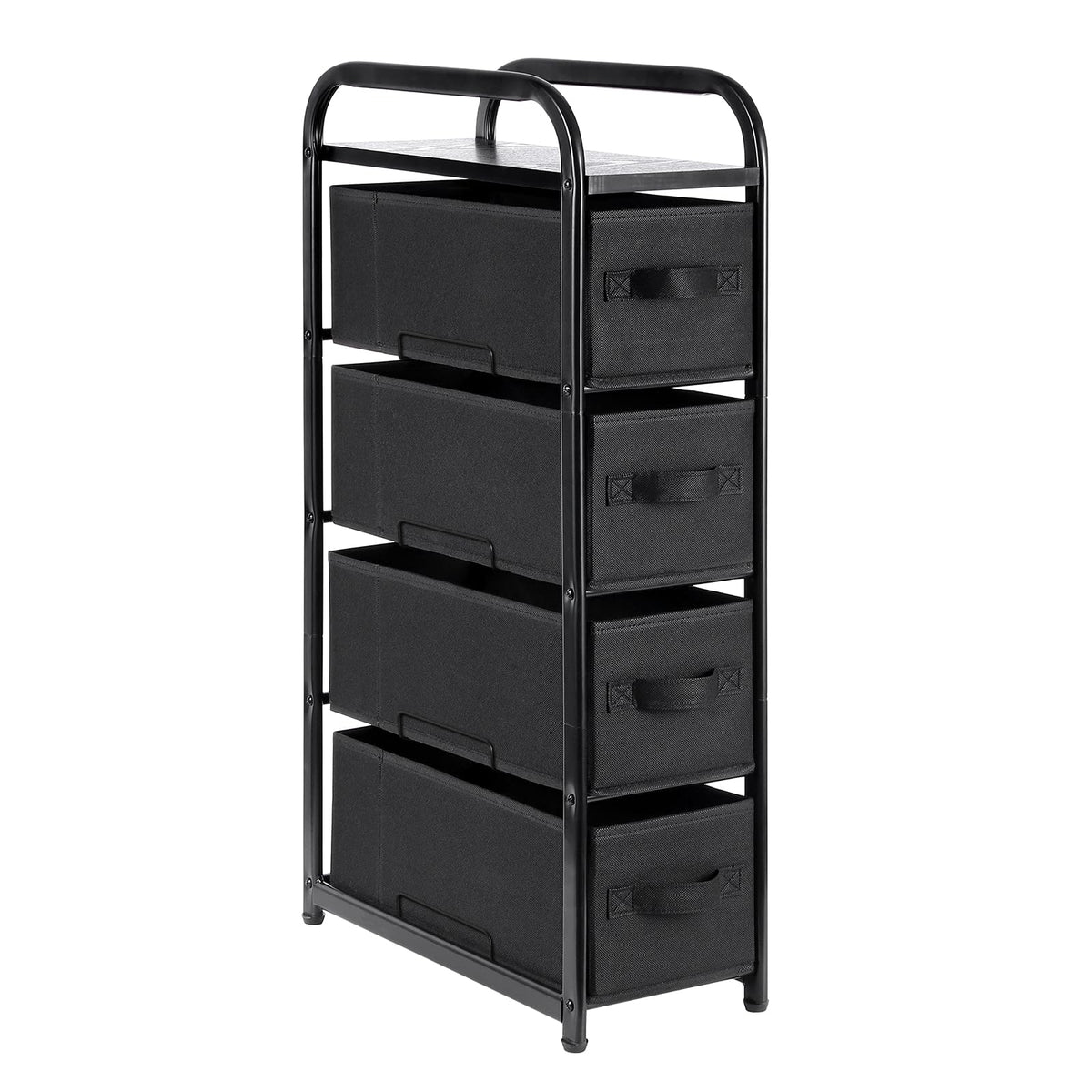 Max Houser 4 Drawer Narrow Dresser Fabric Storage Tower Vertical Slim Storage Chest Organizer Nightstand Side/End Table Small Standing Organizer Removable Drawers Wood Top For Bedroom, Bathroom(Black)