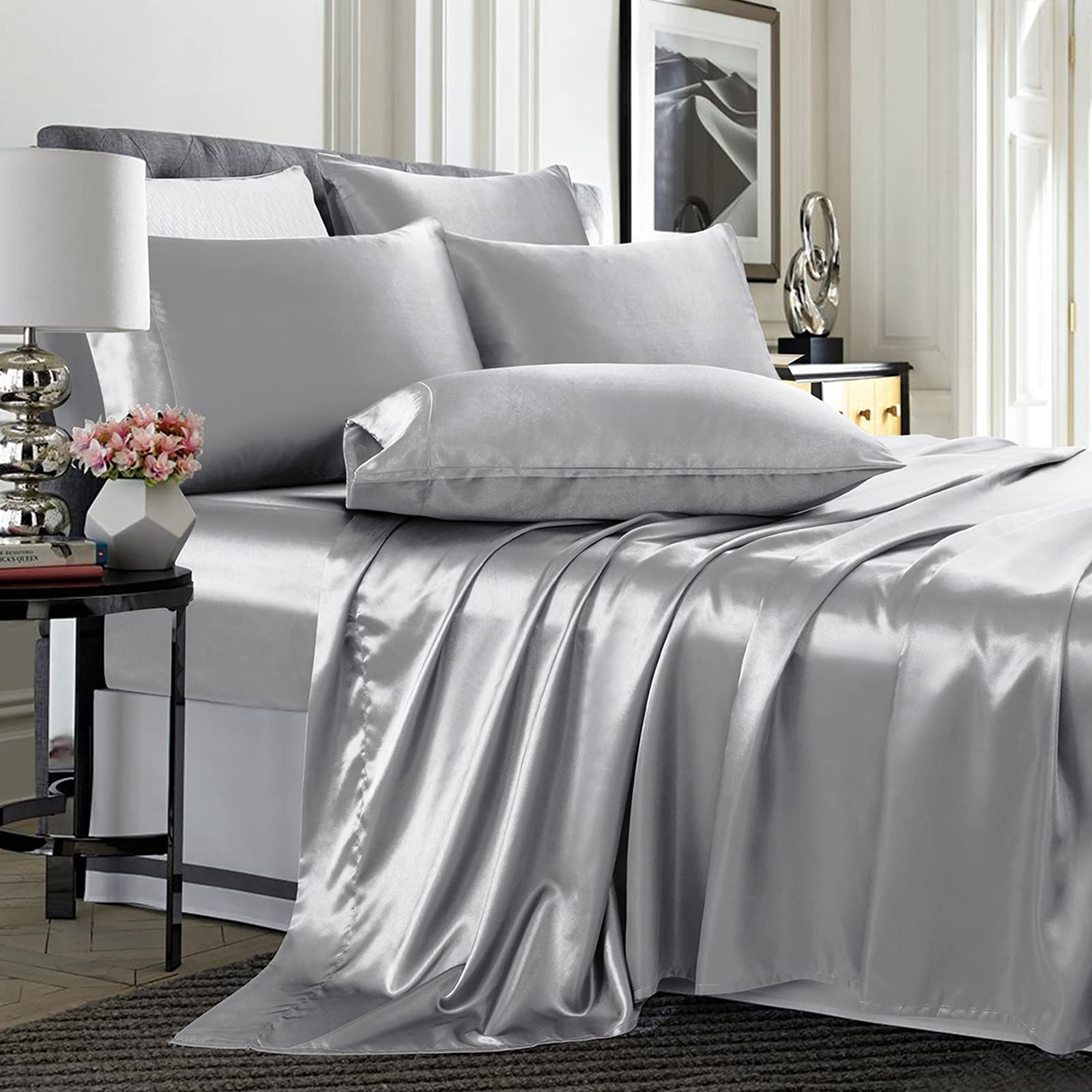 Treely 6 Piece Satin Sheets California King Size Silky Smooth Grey Satin Sheet Set With Deep Pocket, Satin Fitted Sheet, Flat Sh