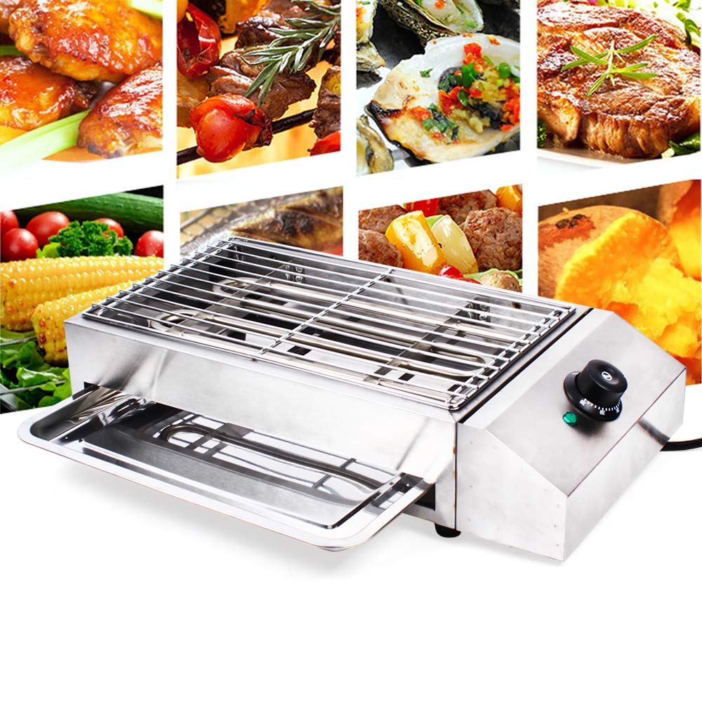 Electric Indoor Grill Smokeless Grill Barbecue Oven Grill Stainless Steel Table Top Grill Electric Outdoor, Adjustable Temperatu
