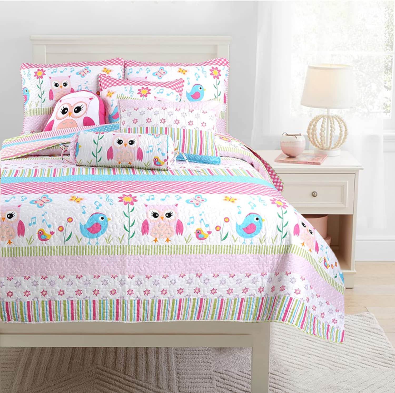 Cozy Line Home Fashions Happy Owl Pink Reversible Quilt Bedding Set, Coverlet, Bedspreads For Girls (Happy Owl, Queen -3 Piece)