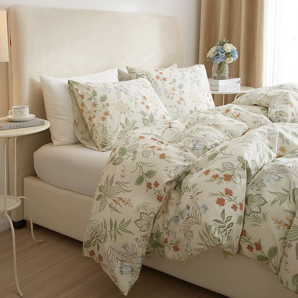 Garden Style Floral Duvet Cover Twin Chic Floral Leaves Bedding Sets Cotton Flower Branch Comforter Cover Aesthetic White Floral