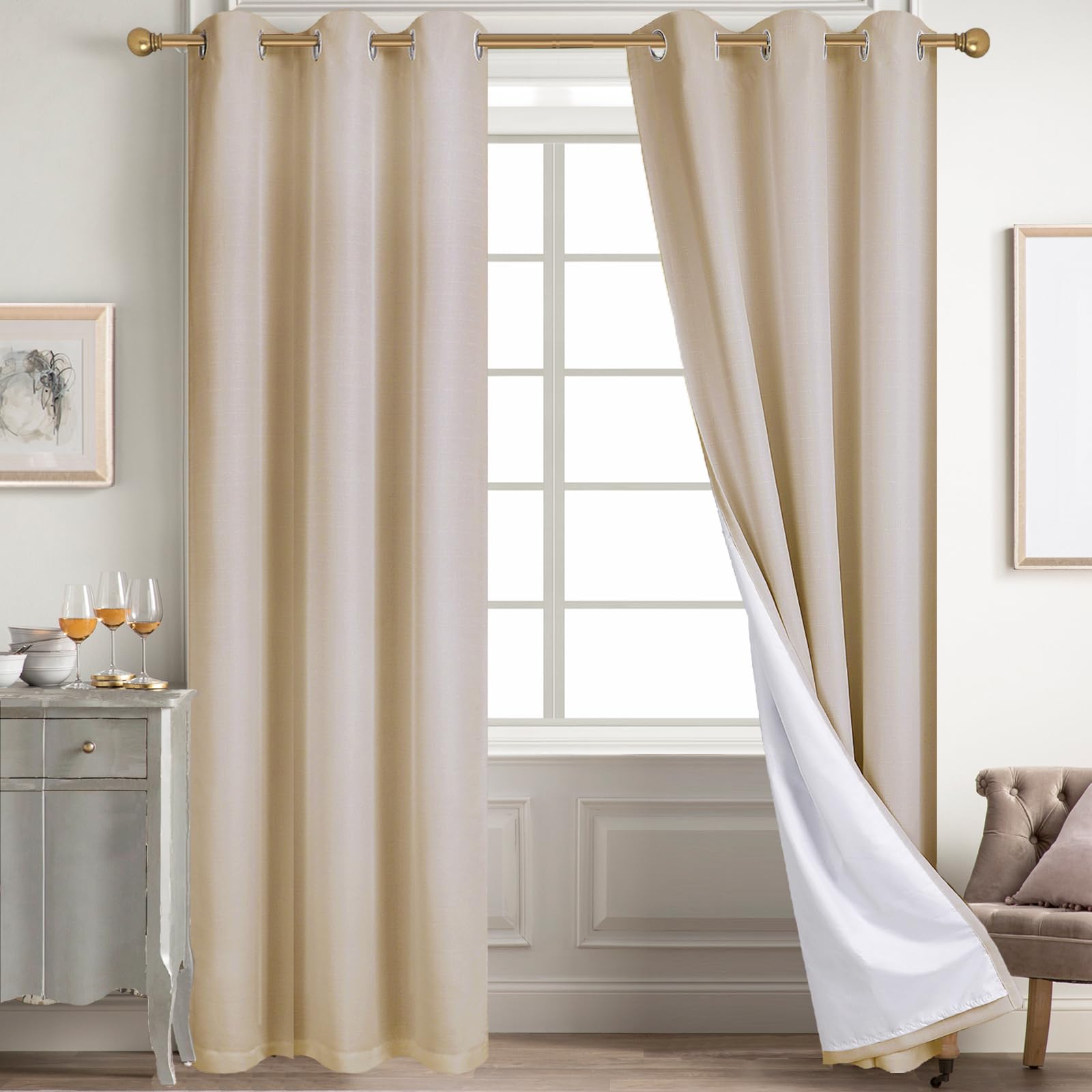 Diraysid 100% Blackout Curtains Beige Linen Curtains For Bedroom Grommet Thermal Insulated Room Darkening Drapes (2 Panels, W38
