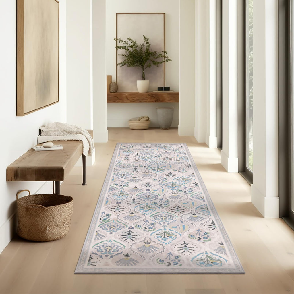 Ashler Runner Rugs 2x6, Floral Hallway Rug, Ultra-Thin Boho Tropical Area Rug, Vintage Long Rugs for Entryway, Kitchen, Foggy Bl