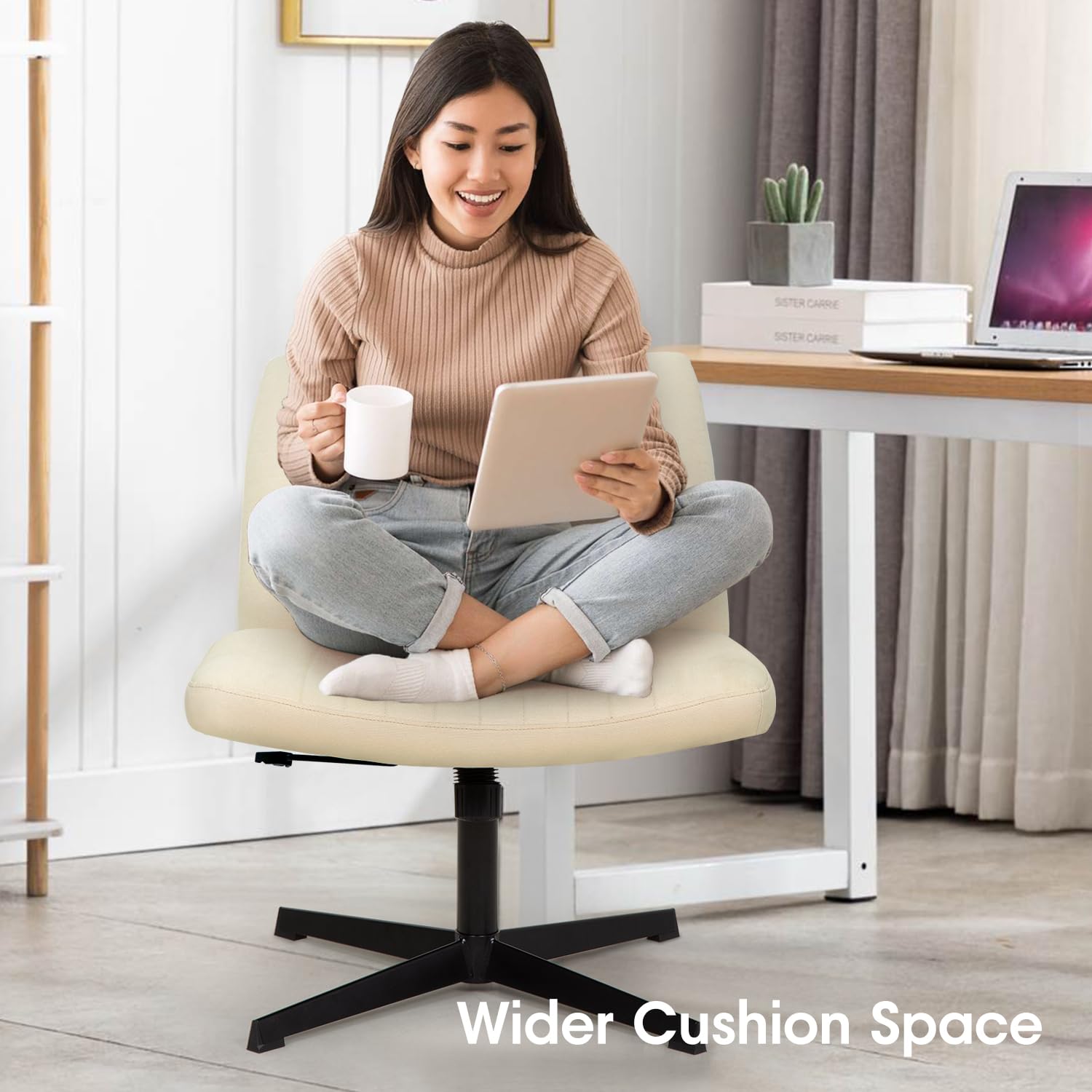 Paylesshere Criss Cross Chair,Armless Cross Legged Office Chair,Wide Comfty Desk Chair With No Wheels Modern Height Adjustable,Swivel Fabric Vanity Chair Computer Task Chair (Pack Of 1, Beige)