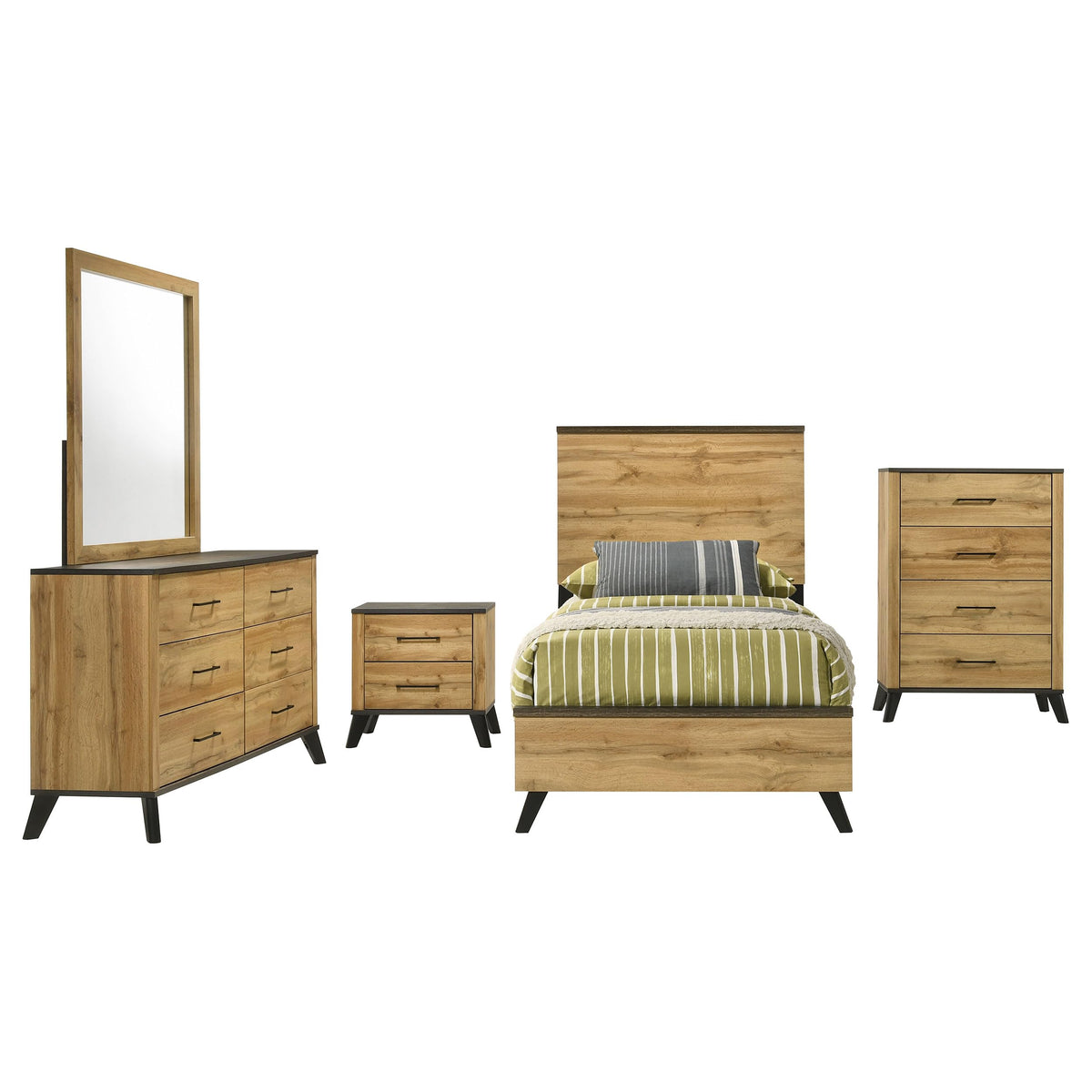 Coaster Home Furnishings Kaywood Mid-Century Modern 5-Piece Bedroom Set Twin Size Panel Bed Frame 52-inch Headboard Weathered Brown and Natural Pine 225001T-S5