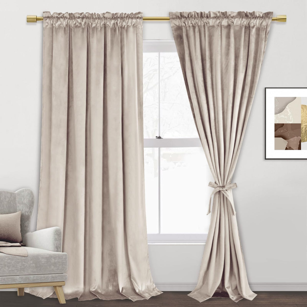 Jiuzhen Beige Velvet Curtains 108 Inches For Living Room - Soft Retro Blackout Velvet Drapes Rod Pocket Room Darkening Thermal I