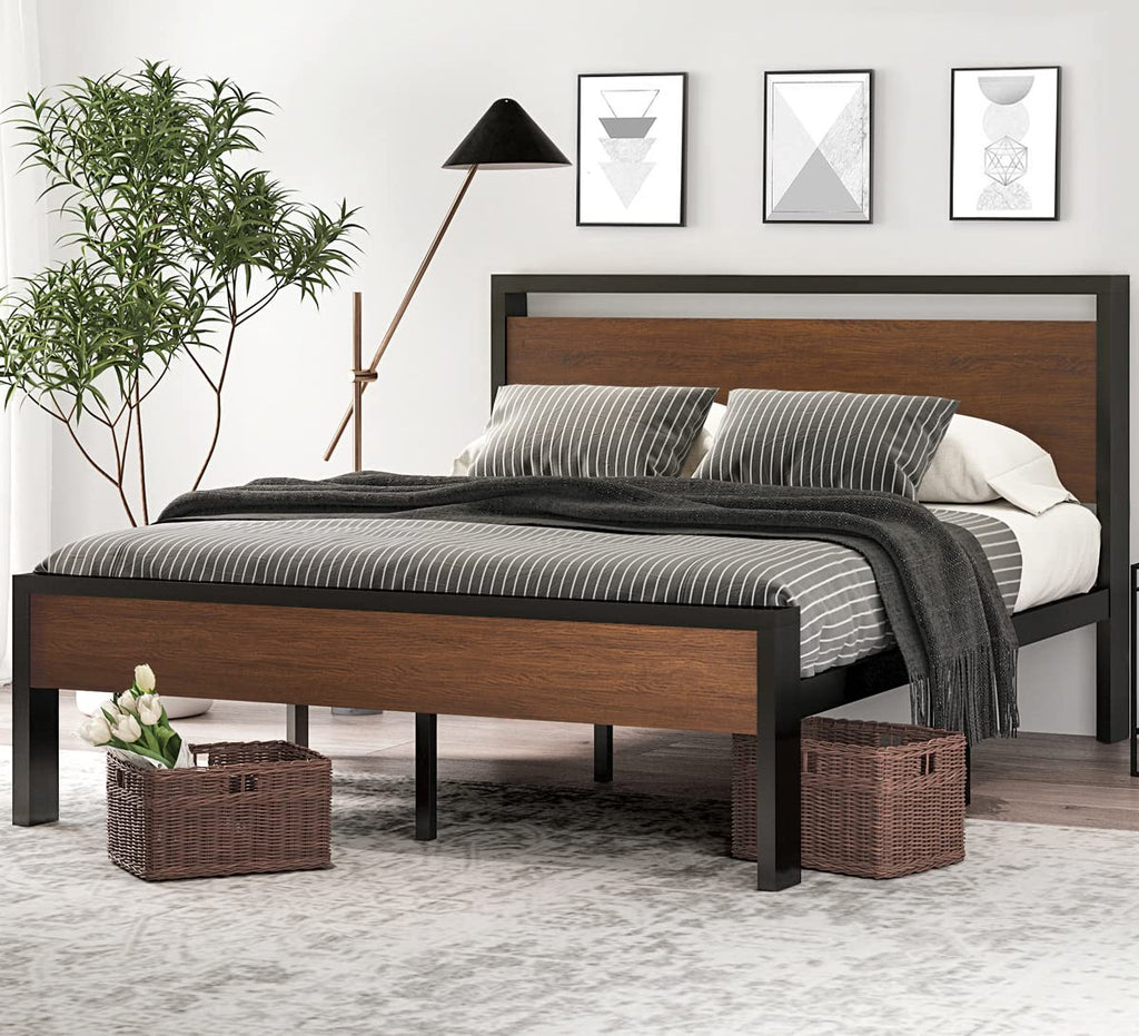 Sha Cerlin 14 Inch Queen Size Metal Platform Bed Frame With Wooden Headboard And Footboard, Mattress Foundation, No Box Spring Needed, Large Under Bed Storage, Non-Slip Without Noise, Walnut