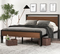 Sha Cerlin 14 Inch Queen Size Metal Platform Bed Frame With Wooden Headboard And Footboard, Mattress Foundation, No Box Spring Needed, Large Under Bed Storage, Non-Slip Without Noise, Walnut