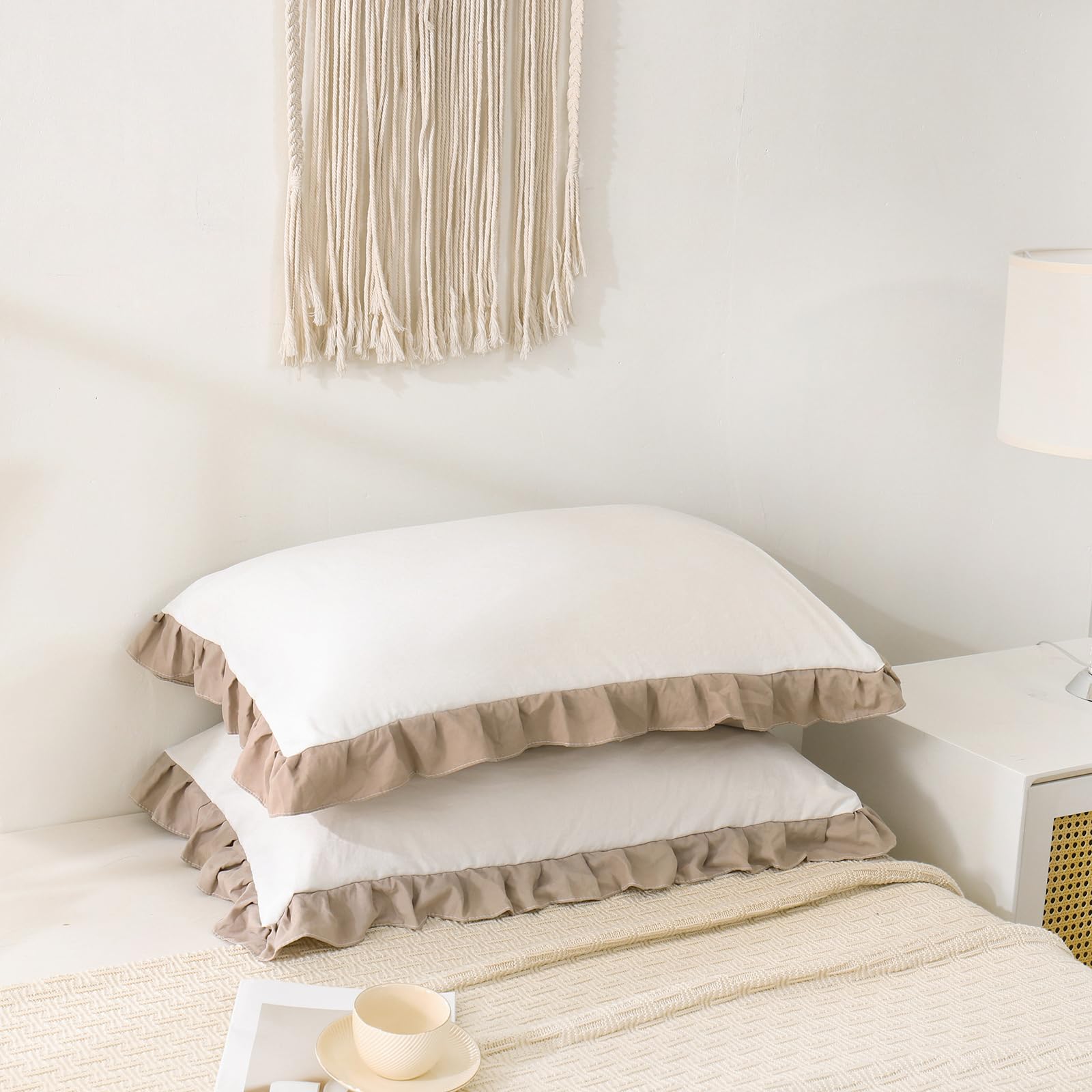 Merryword Taupe Pillow Shams White And Taupe Reversible Standard Pillowcases Cute Pillow Cover Set Of 2 Soft Shabby Chic Ruffled