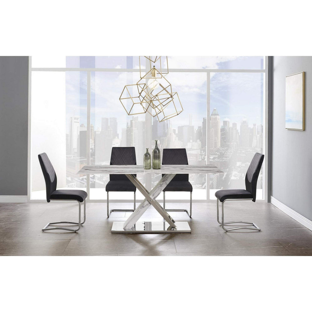 HomeRoots 71' White Marble and Silver Rectangular Marble and Stainless Steel Dining Table