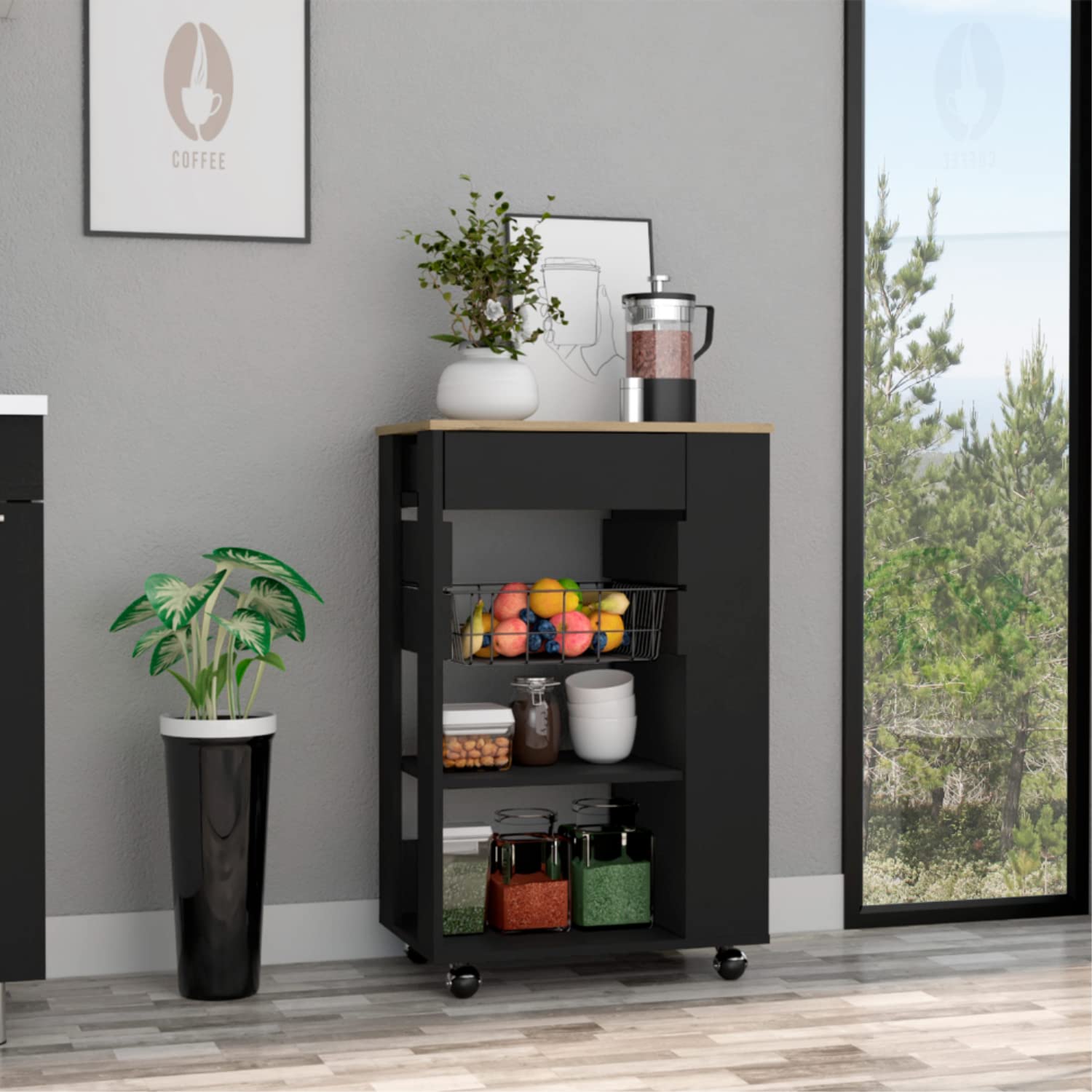 Rosemont Kitchen Cart, 2 Open Shelves, 4 Casters, 1 Drawer, Black/Light Oak