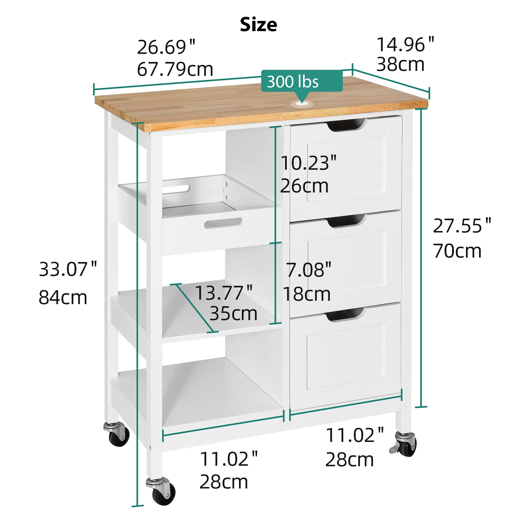 Yitahome Small Solid Wood Top Kitchen Island Cart On Wheels With Storage, Rolling Portable Dining Room Serving Utility Carts Mobile Movable With 3 Drawers Cabinet, Oak & White