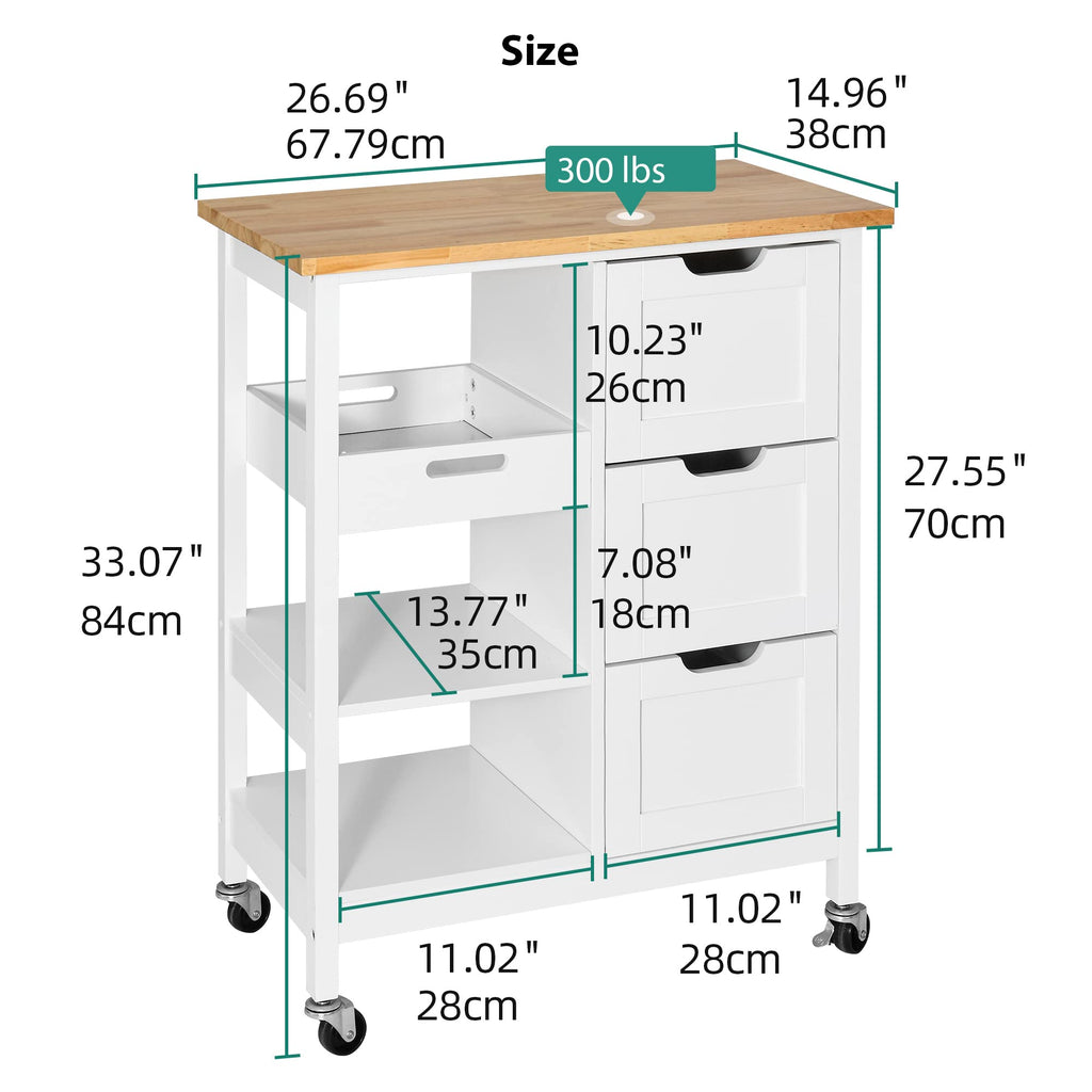 Yitahome Small Solid Wood Top Kitchen Island Cart On Wheels With Storage, Rolling Portable Dining Room Serving Utility Carts Mobile Movable With 3 Drawers Cabinet, Oak & White