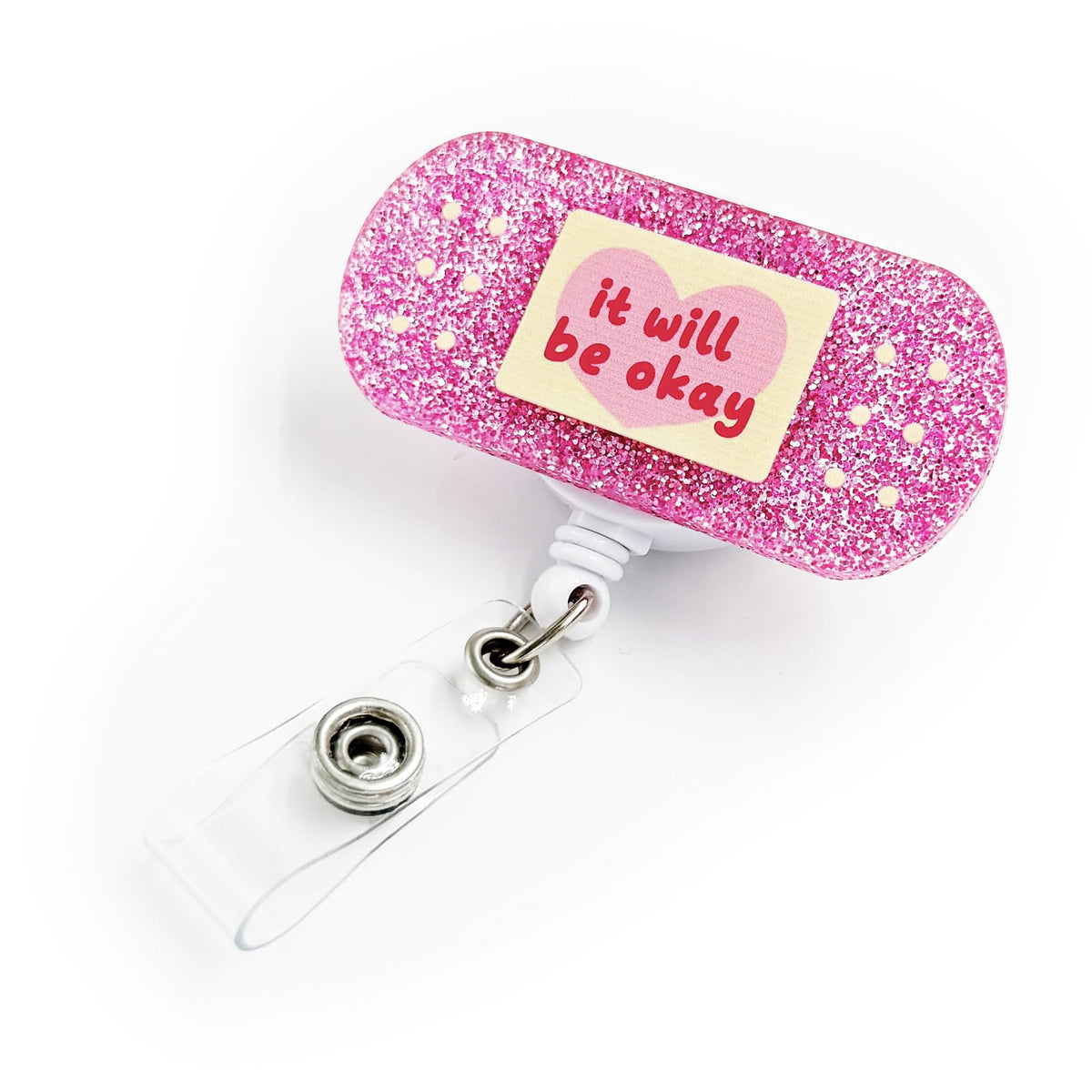 Valentines Day Badge Reel Retractable With Alligator Clip Pink Acrylic Woundplast Badge Clip Id Clip It Will Be Okay Nurse Name