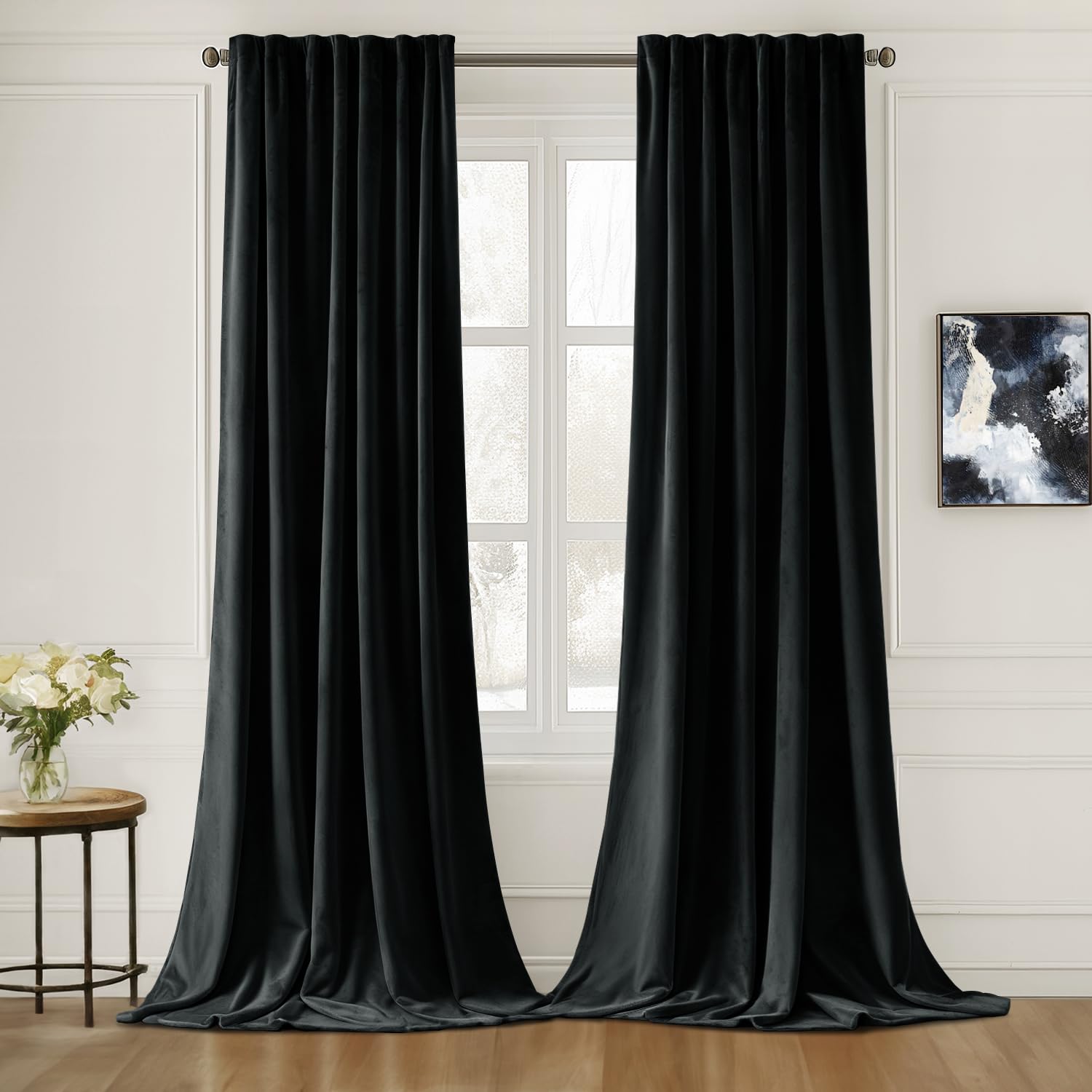 Miulee Black Velvet Curtains 84 Inches Long 2 Panels - Luxury Pinch Pleated Room Darkening Window Drapes For Bedroom Living Room