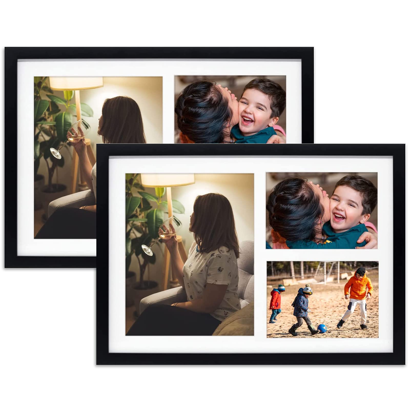 Golden State Art, Set of 2, 12x17 Black Wood Picture Frame - White Mat for 8x10 And 5x7 Photos - Tempered Glass, Sawtooth Hanger