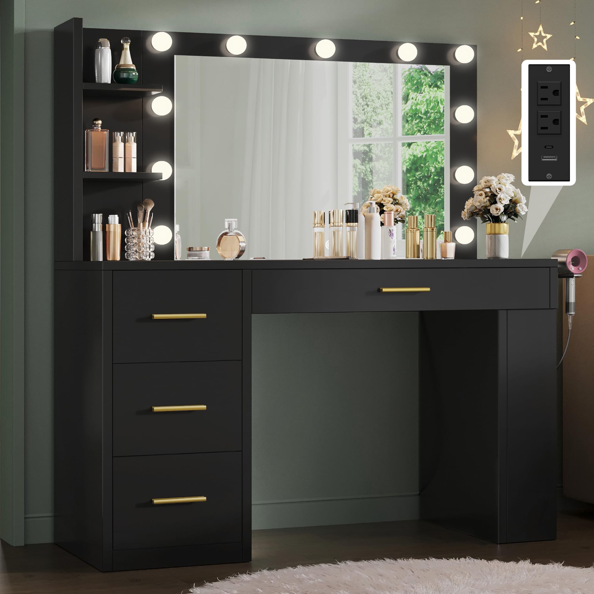 YITAHOME Vanity Desk with Mirror and Lights, Makeup Table with Charging Station, Large Vanity Set with 4 Drawers, Cute Makeup De