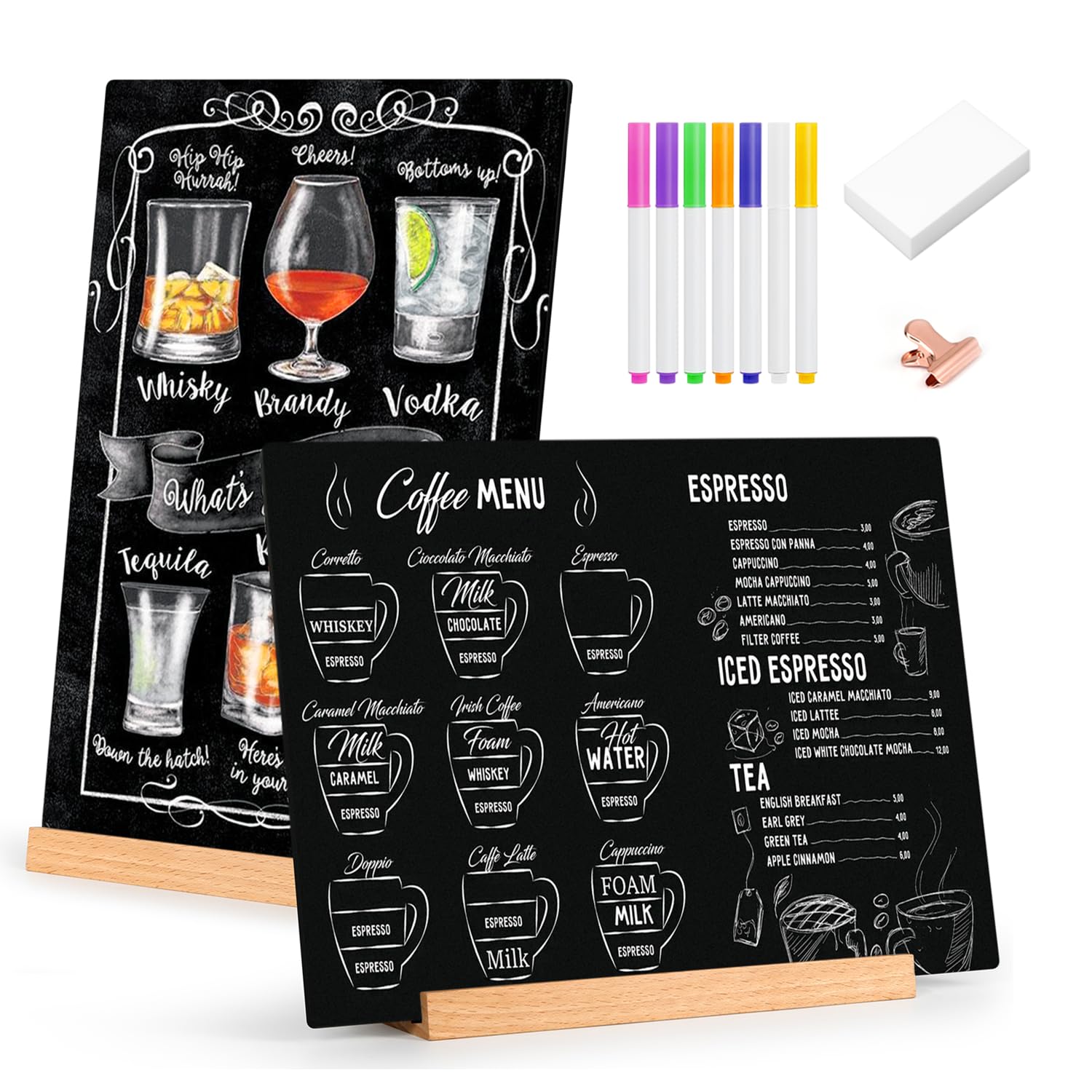 Kivsty Tabletop Chalkboard - 2 Pack Double Sided 8x12 Inch Signs, Black MDF with Beech Stand for Coffee Bar & Party Decor