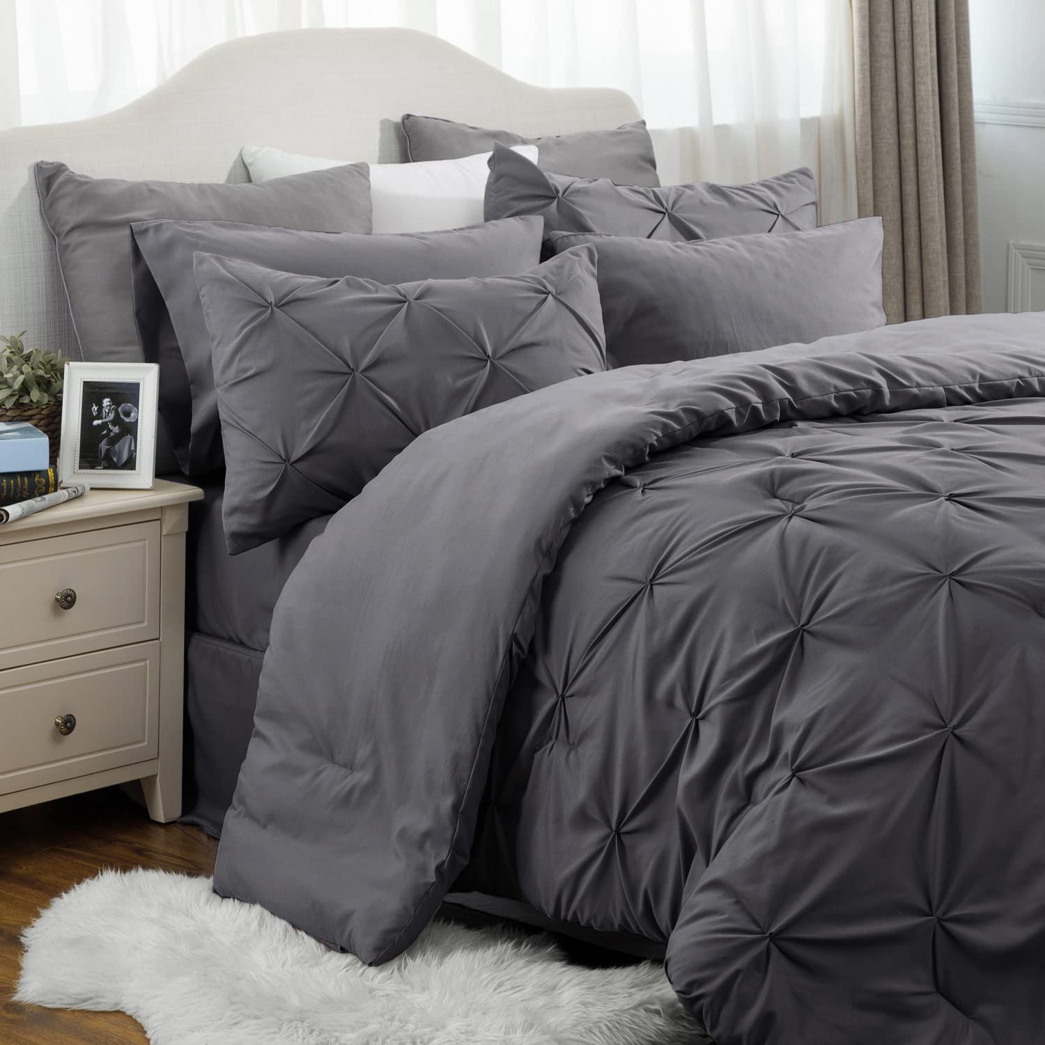 Bedsure King Size Comforter Set - Bedding Set King 7 Pieces, Pintuck Bed In A Bag Dark Grey Bed Set With Comforter, Sheets, Pill