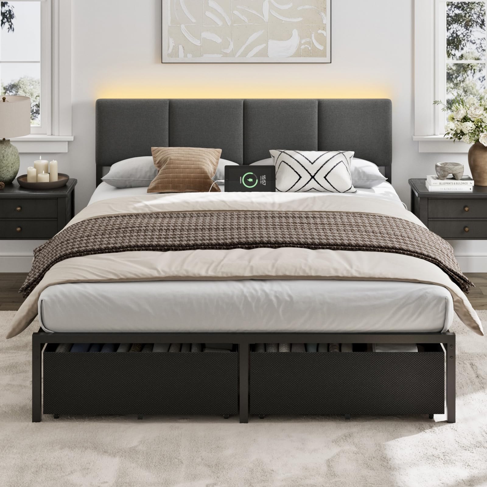 Furnulem Queen Bed Frame with Storage, Upholstered Bed Frame Queen Size with LED Light,USB Charging Station,Platform Bedframe wi