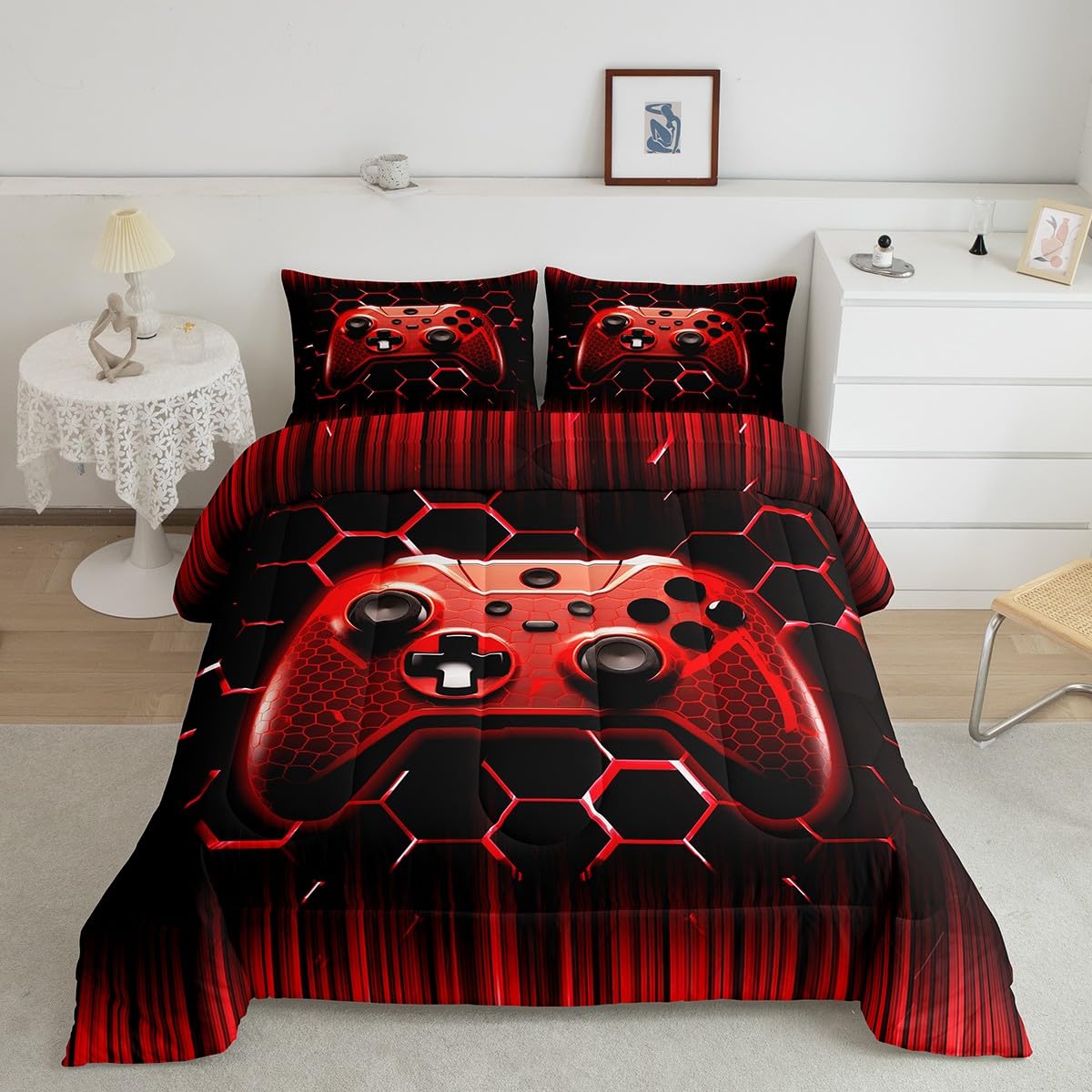Manfei Kids Gaming Comforter Set Full Size, Red Geometric Gamepad Bedding Set 3Pcs For Boys Girls Game Room Decor, Modern Gamer