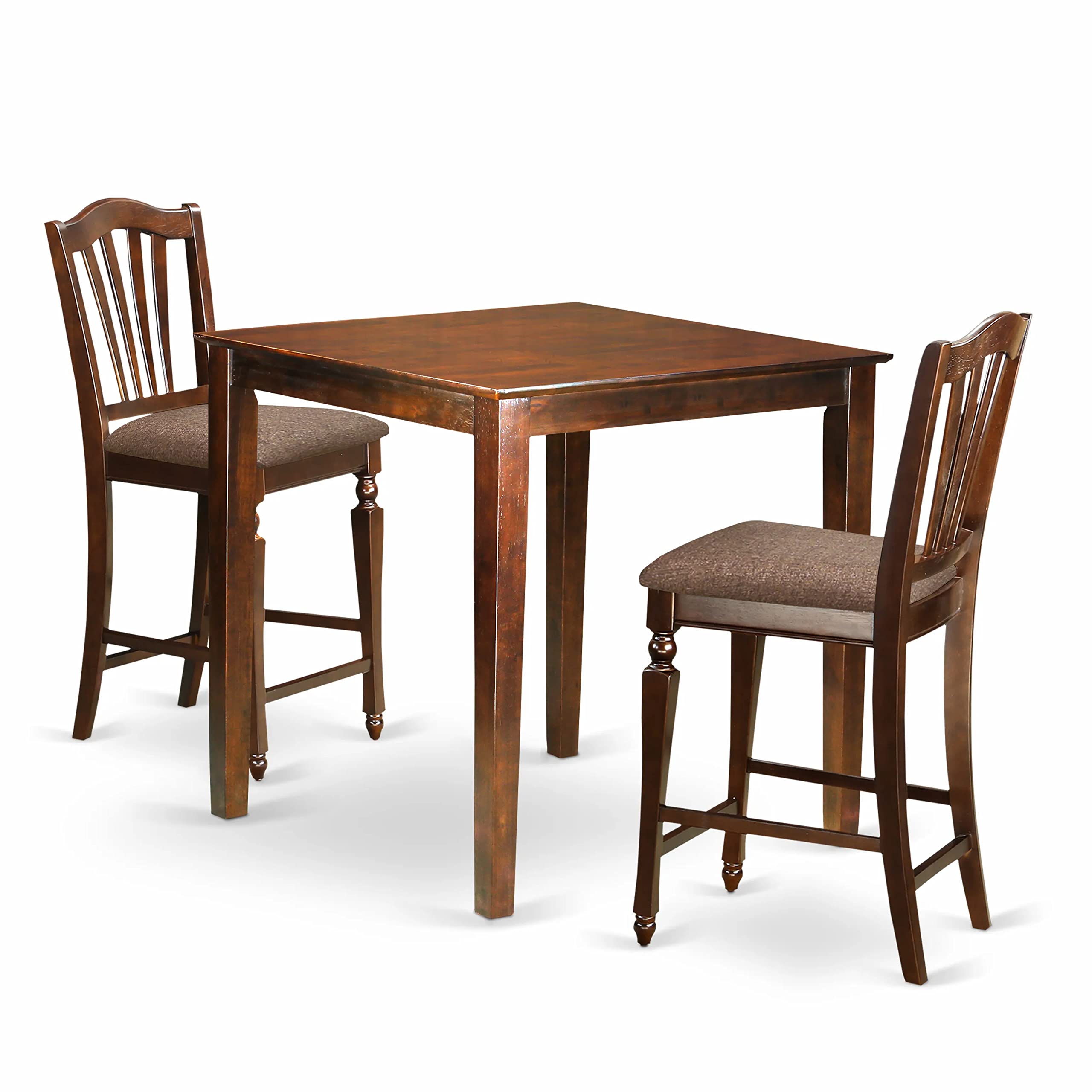 East West Furniture VNCH3-MAH-C 3 Piece Kitchen Counter Height Dining Table Set Contains a Square Pub Table and 2 Linen Fabric Upholstered Chairs, 36x36 Inch, Mahogany