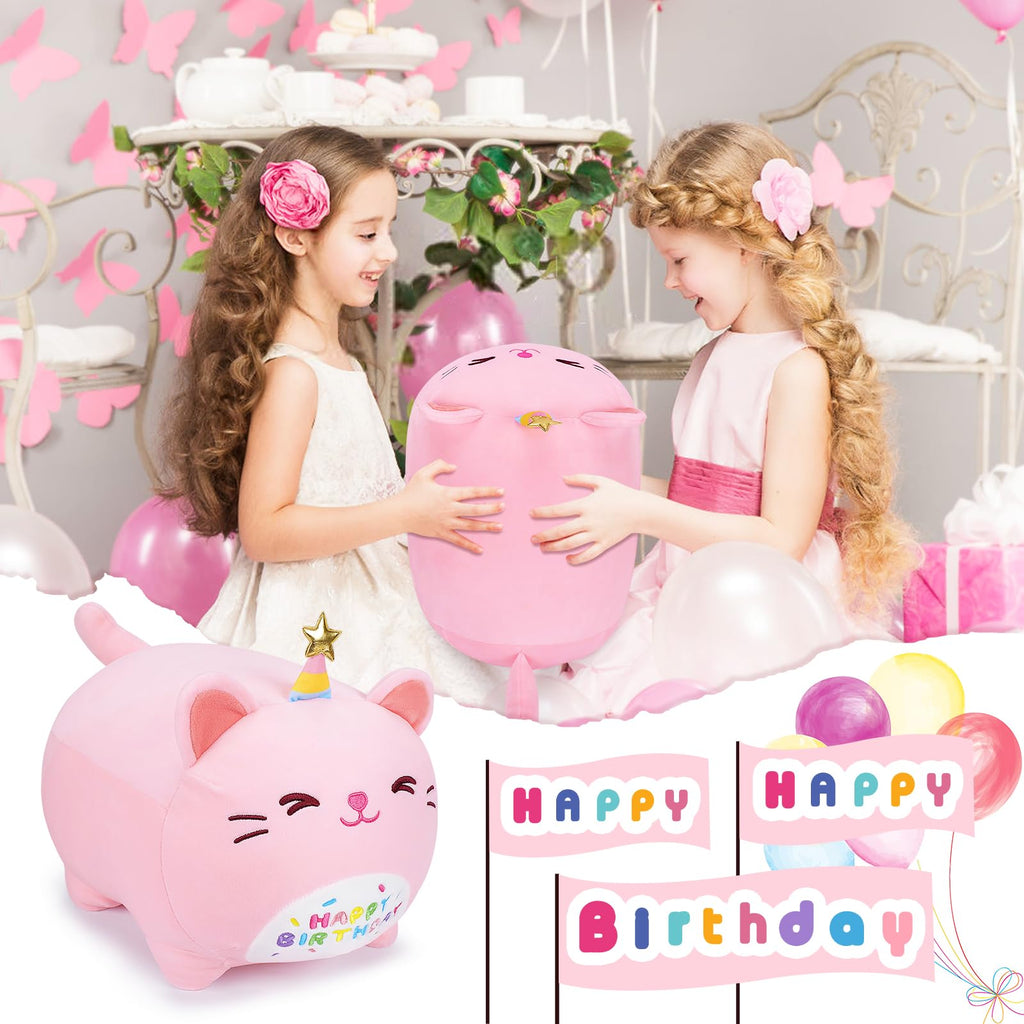 Pink Birthday Cat Plush Stuffed Animals-Gifts For Girlfriend, 16' Pink Cat Plush, Kawaii Plushies Cat Body Pillow Cat Plushie,