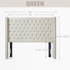 Madison Park Amelia Upholstered Headboard | Nail Head Trim Wingback Button Tufted | Queen, Cream