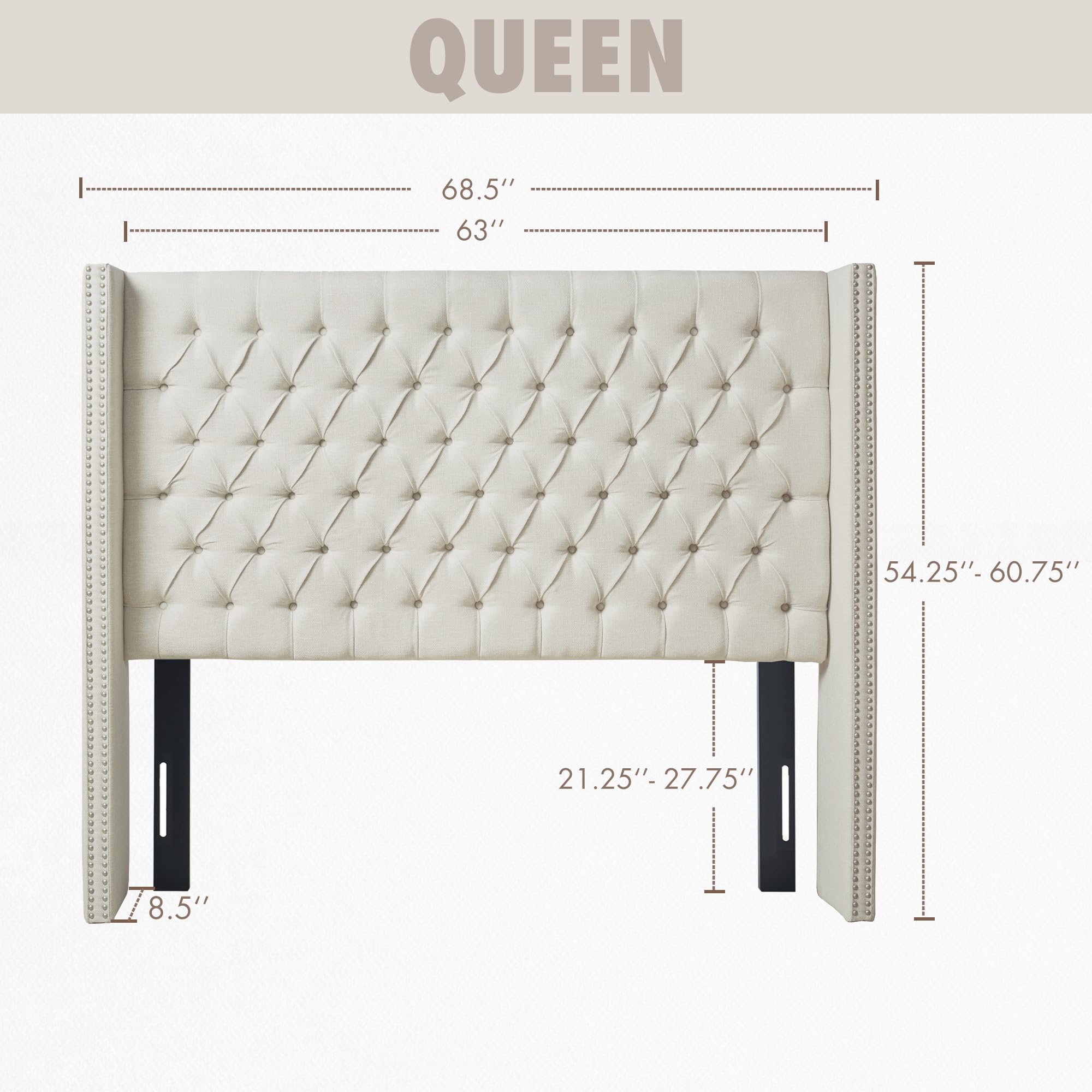 Madison Park Amelia Upholstered Headboard | Nail Head Trim Wingback Button Tufted | Queen, Cream