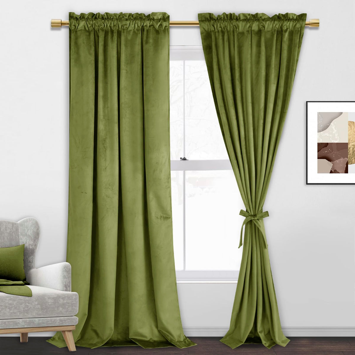 Jiuzhen Moss Green Velvet Curtains Super Soft Blackout Velvet Drapes Thermal Insulated Thick Long Sliding Door Curtains, 2 Panel