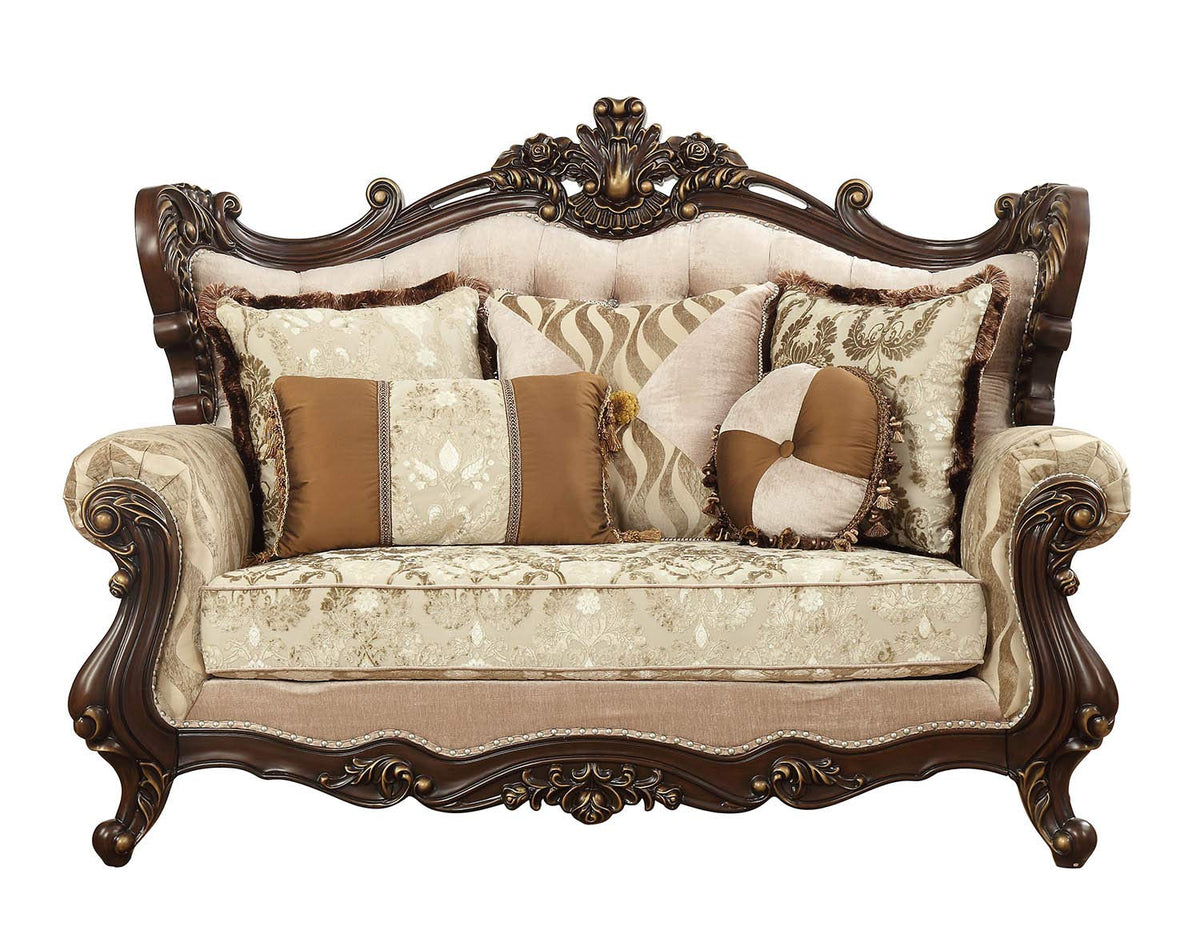 HomeRoots Upholstery, Wood Leg/Trim 41' X 70' X 51' Fabric Walnut Upholstery Wood Leg/Trim Loveseat w/5 Pillows