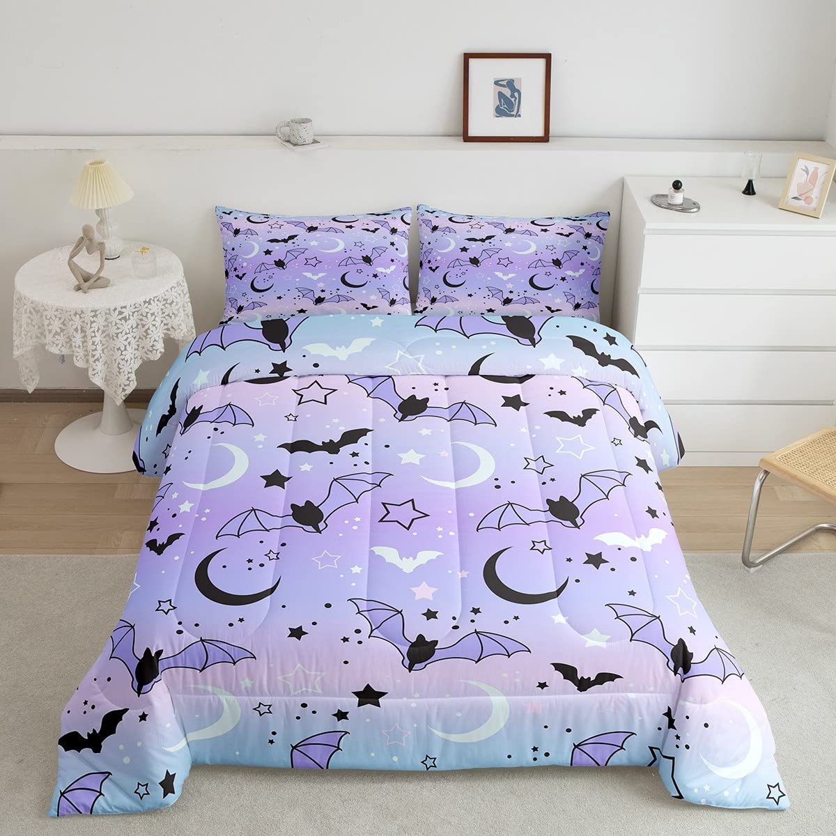 Feelyou Halloween Comforter Rainbow Comforter Set for Boys Girls Children Bat Moon Star Print Bedding Set Halloween Theme Purple