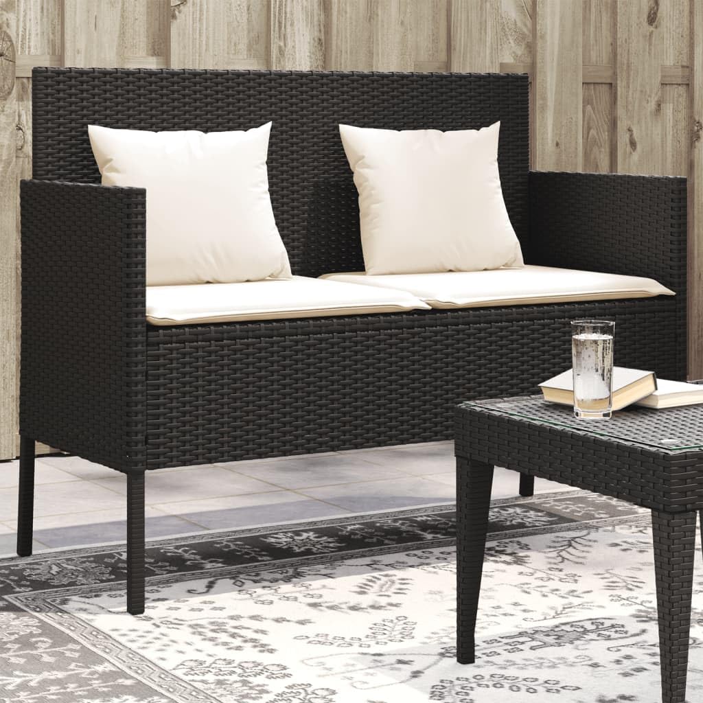 vidaXL Outdoor Poly Rattan Loveseat Bench - Black Patio Seating with Cream Cushions, Under Seat Storage, Powder-Coated Steel Frame, 365770