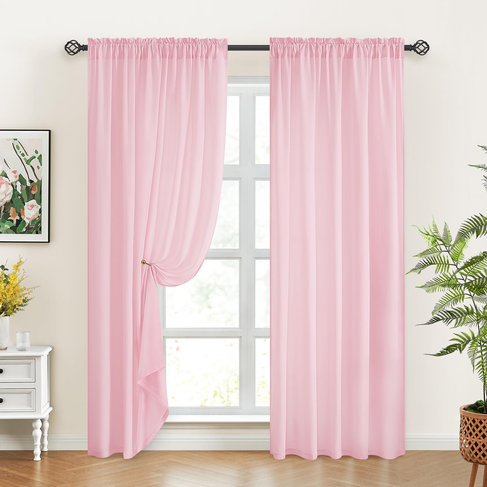 Homeideas Non-See-Through Light Pink Privacy Sheer Curtains 52 X 84 Inches Long 2 Panels Sheer Curtains Light Filtering Window Curtains Drapes For Bedroom Living Room