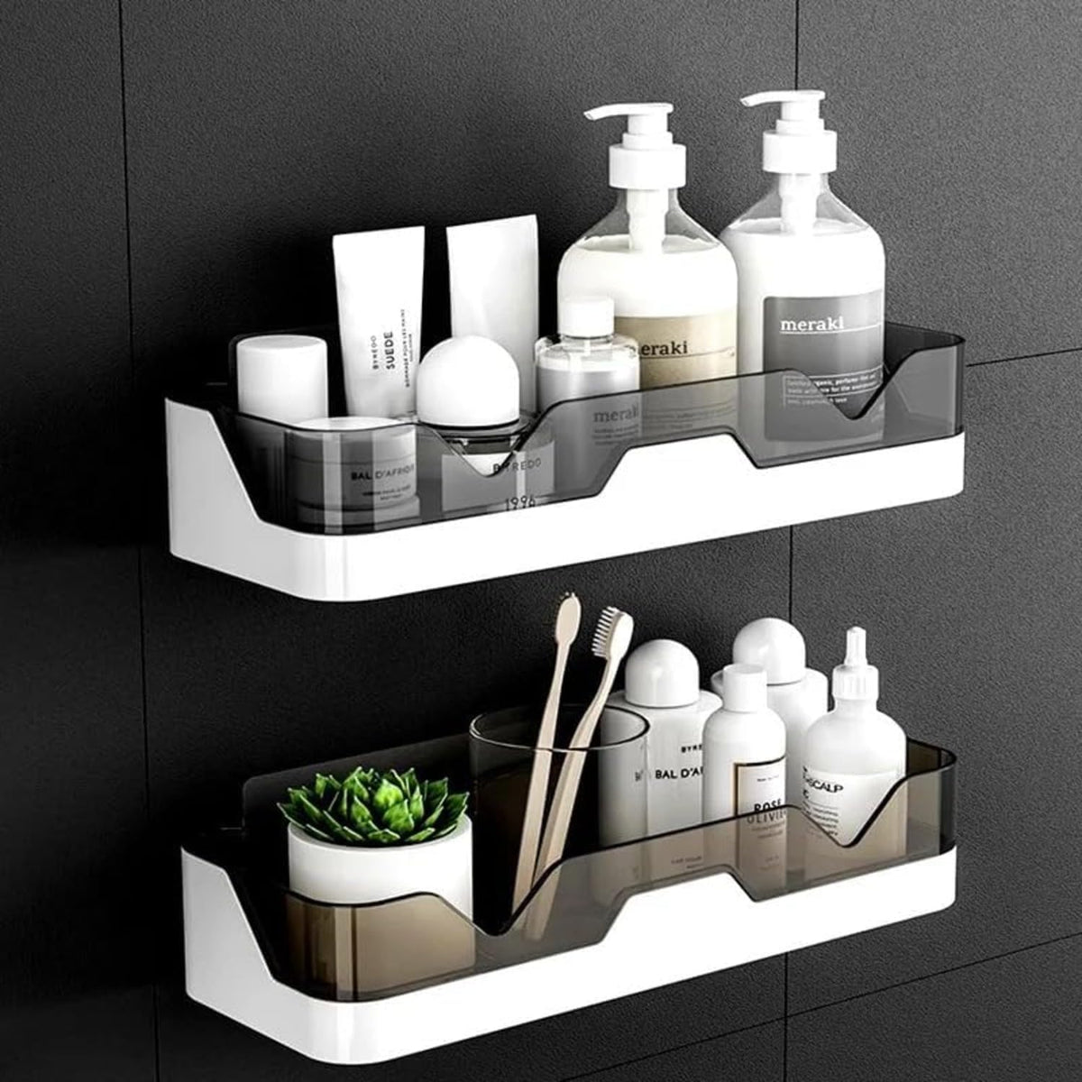 CENORA Wall Mounted Bathroom Shelf Organiser, Set of 2, Plastic, Self Adhesive, No Drill, Waterproof, for Toiletries and Cosmeti