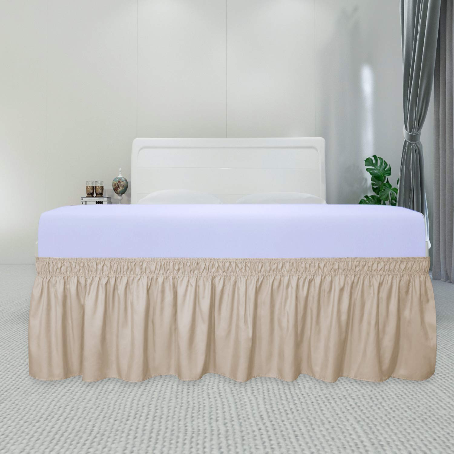 Purefit Wrap Around Ruffled Bed Skirt With Adjustable Elastic Belt - 22 Inch Drop Easy To Put On, Wrinkle Free Bedskirt Dust Ruffles, Bed Frame Cover For Twin, Twin Xl And Full Size Beds, Beige